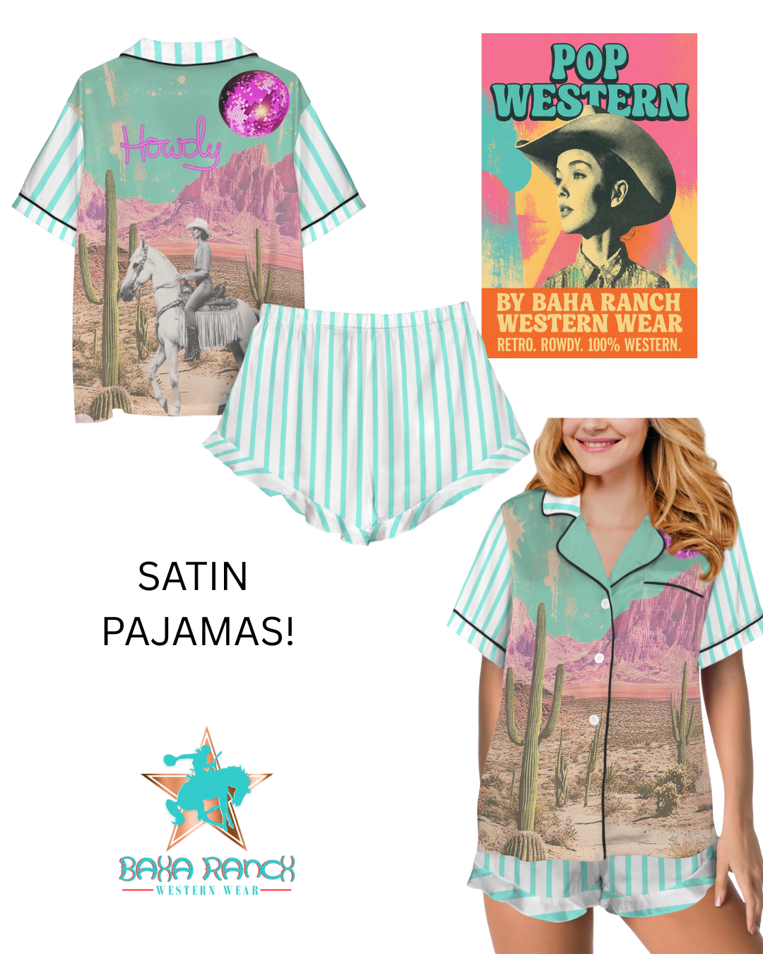 Baha Ranch Retro Pop Western Howdy Desert Cowgirl Satin Pajamas