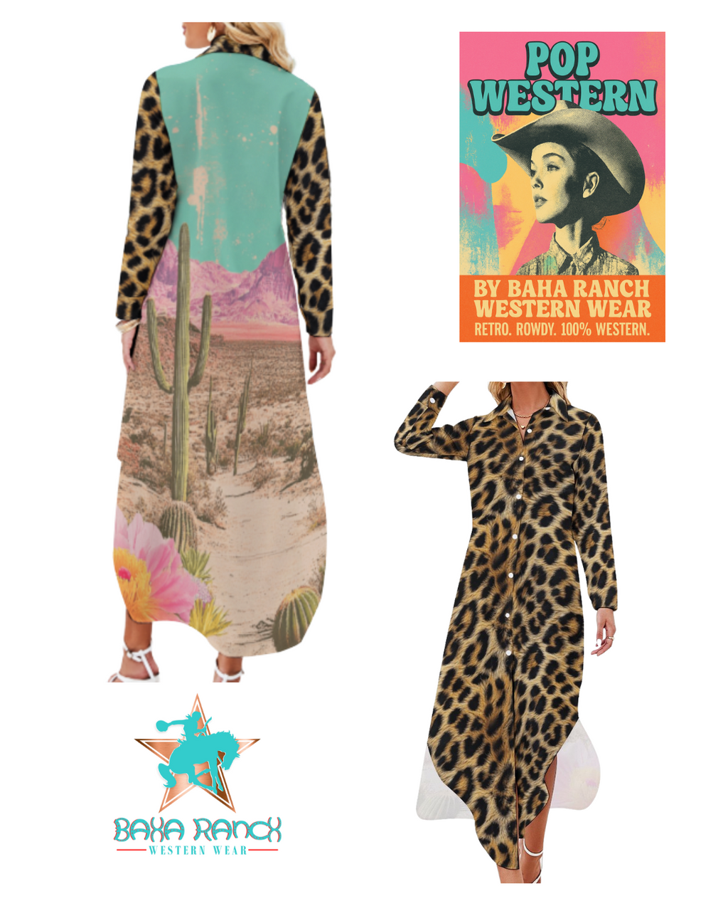 Baha Ranch Retro Pop Western Leopard Desert Shirt Dress Duster