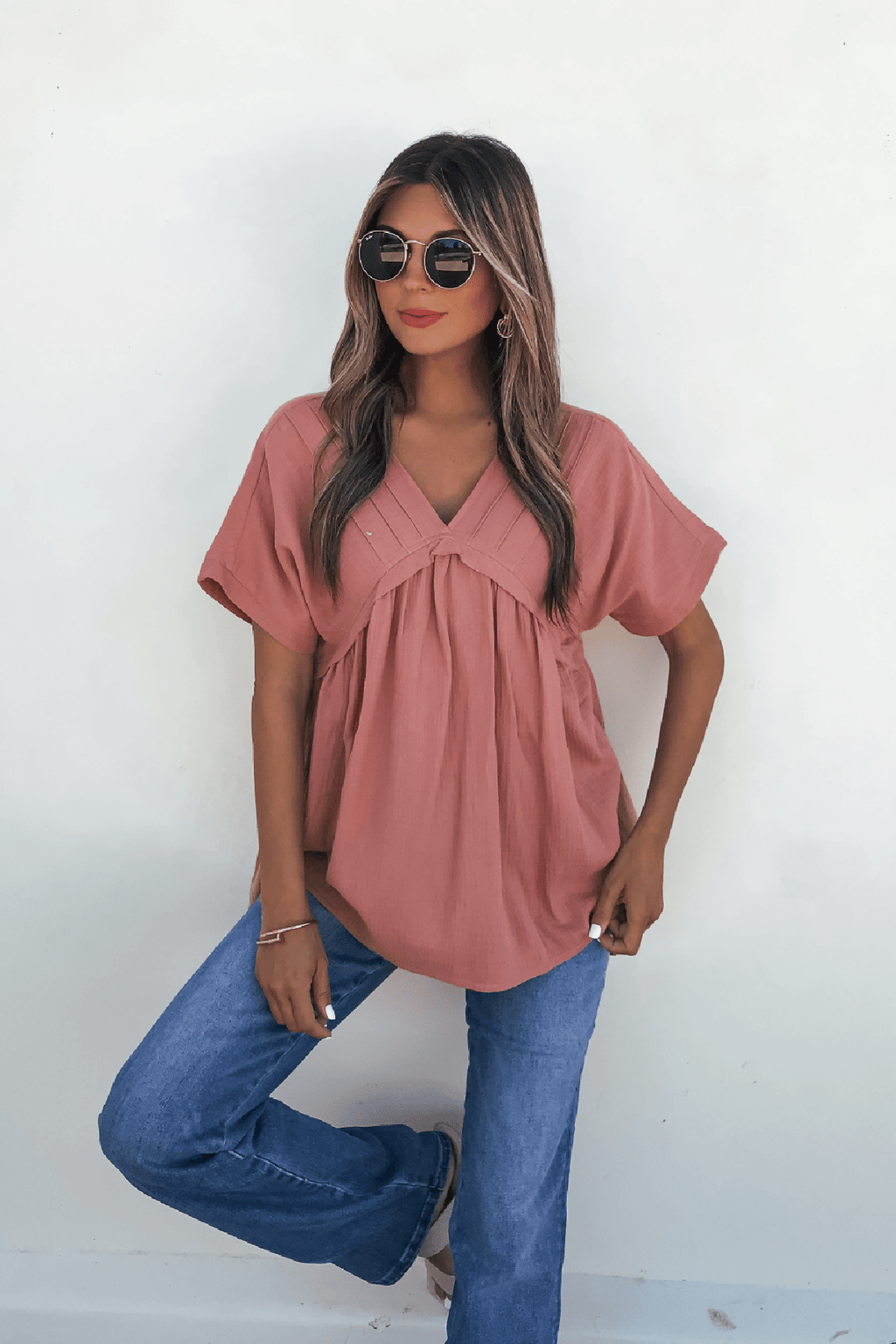 Addison Coral Pleated Tunic Top - DOORBUSTER