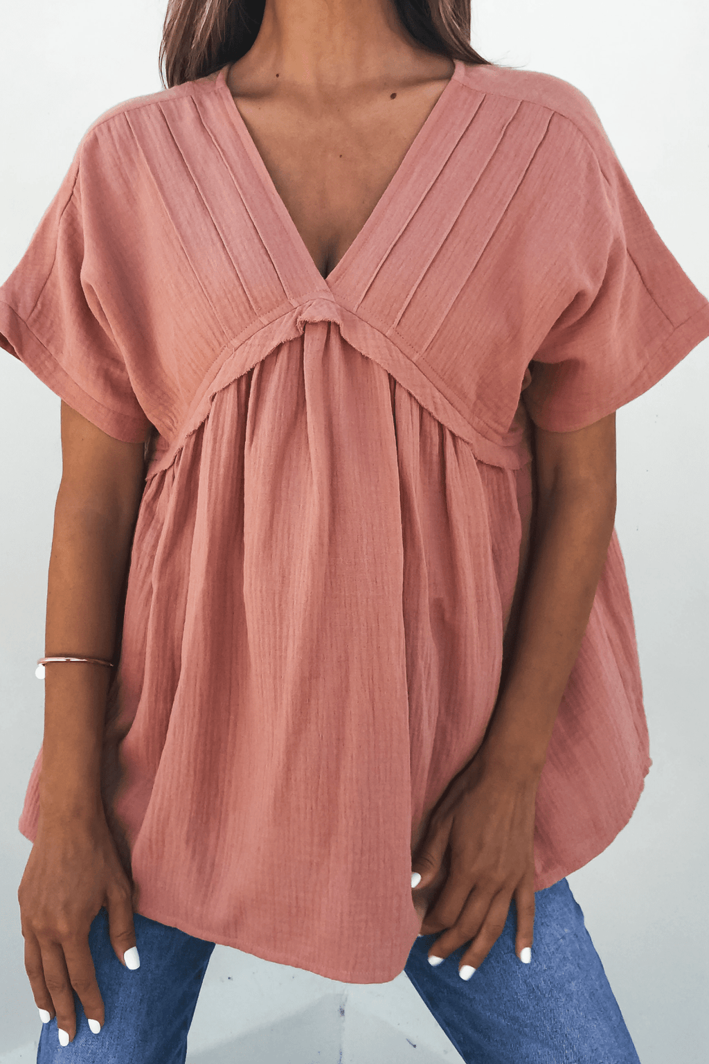 Addison Coral Pleated Tunic Top - DOORBUSTER