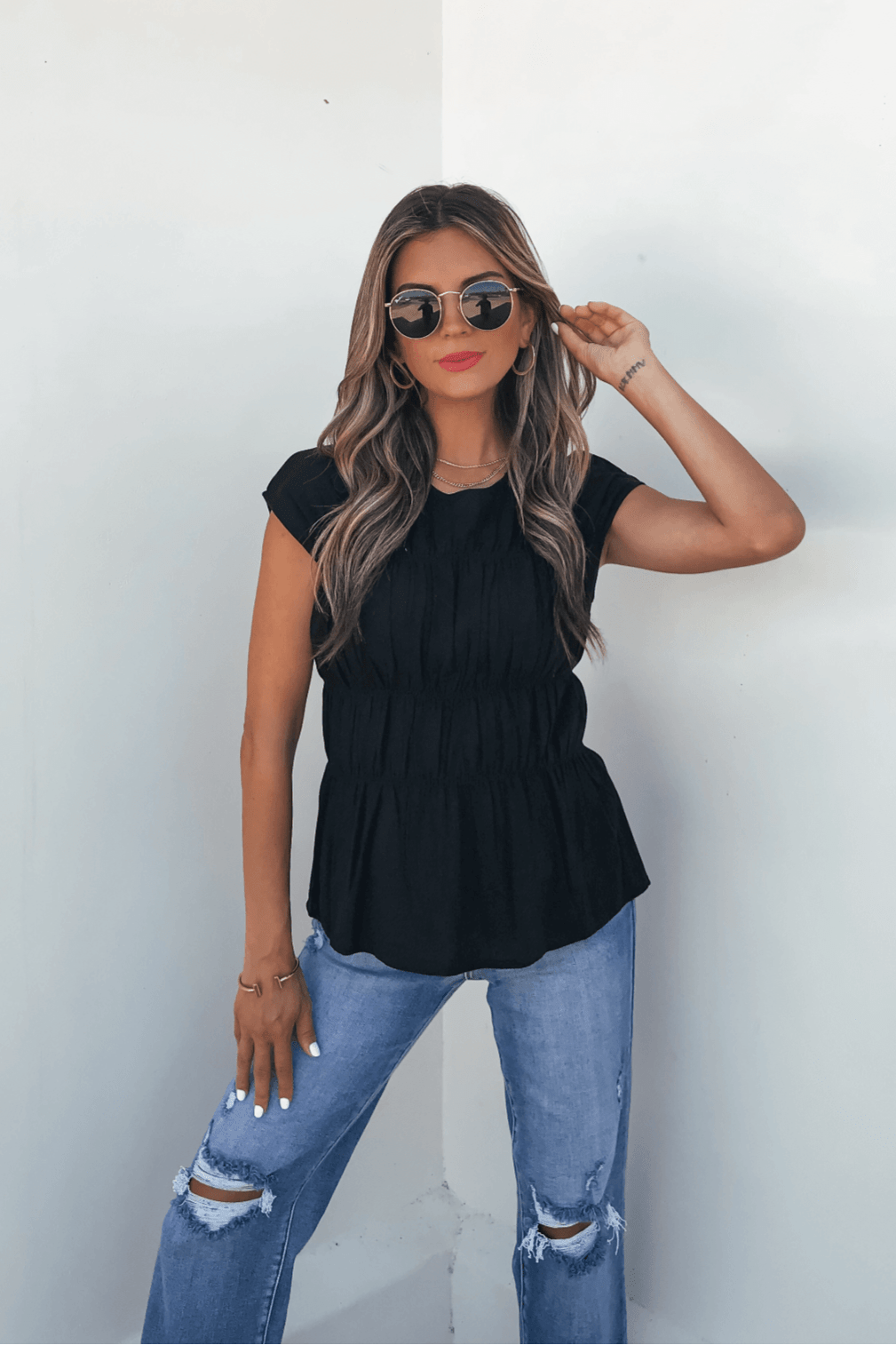 Adele Black Pleated Linen Top - DOORBUSTER