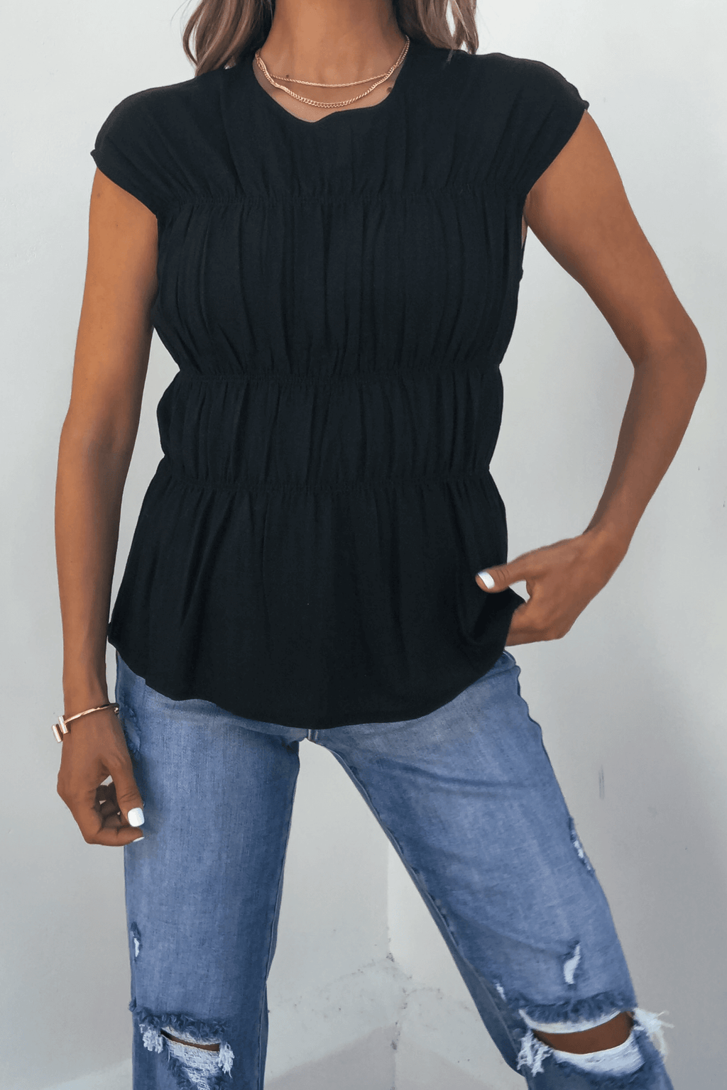Adele Black Pleated Linen Top - DOORBUSTER