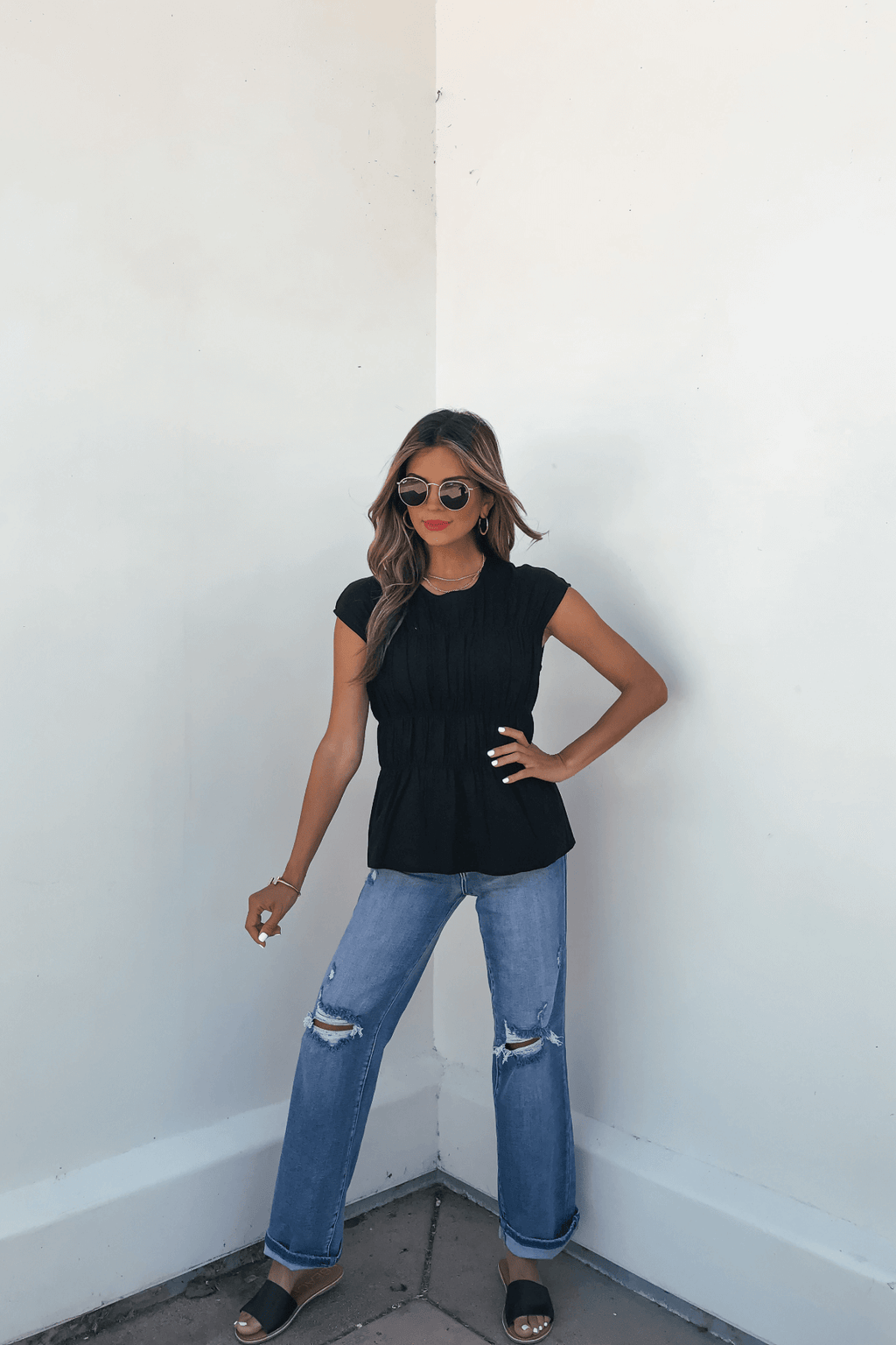 Adele Black Pleated Linen Top - DOORBUSTER