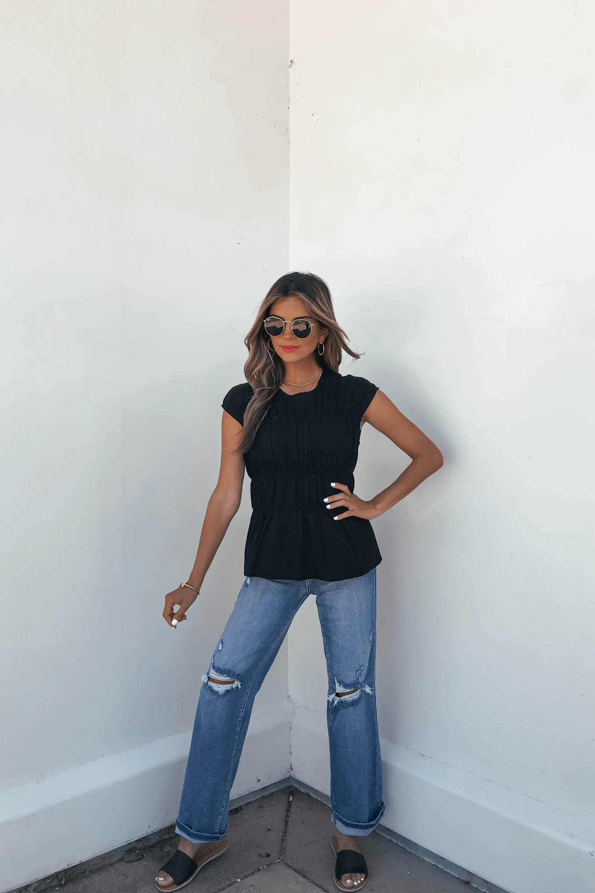 Adele Black Pleated Linen Top - DOORBUSTER