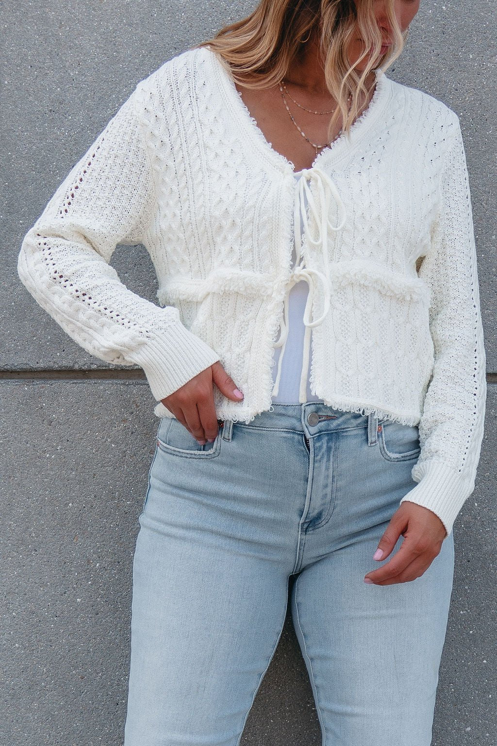 Alina Cream Crochet Tie Front Sweater Cardigan - FINAL SALE