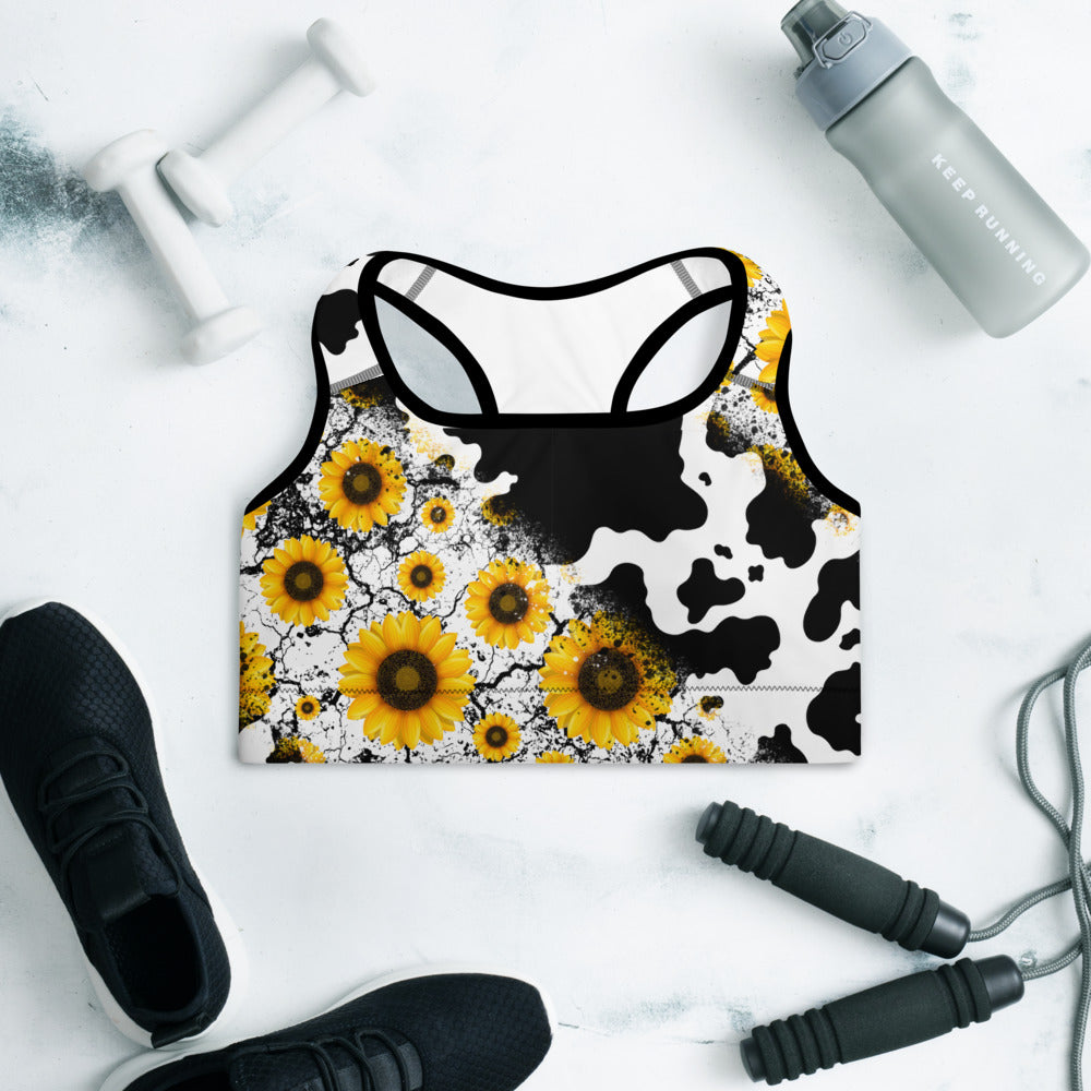Cow Print Sunflower Sports Bra