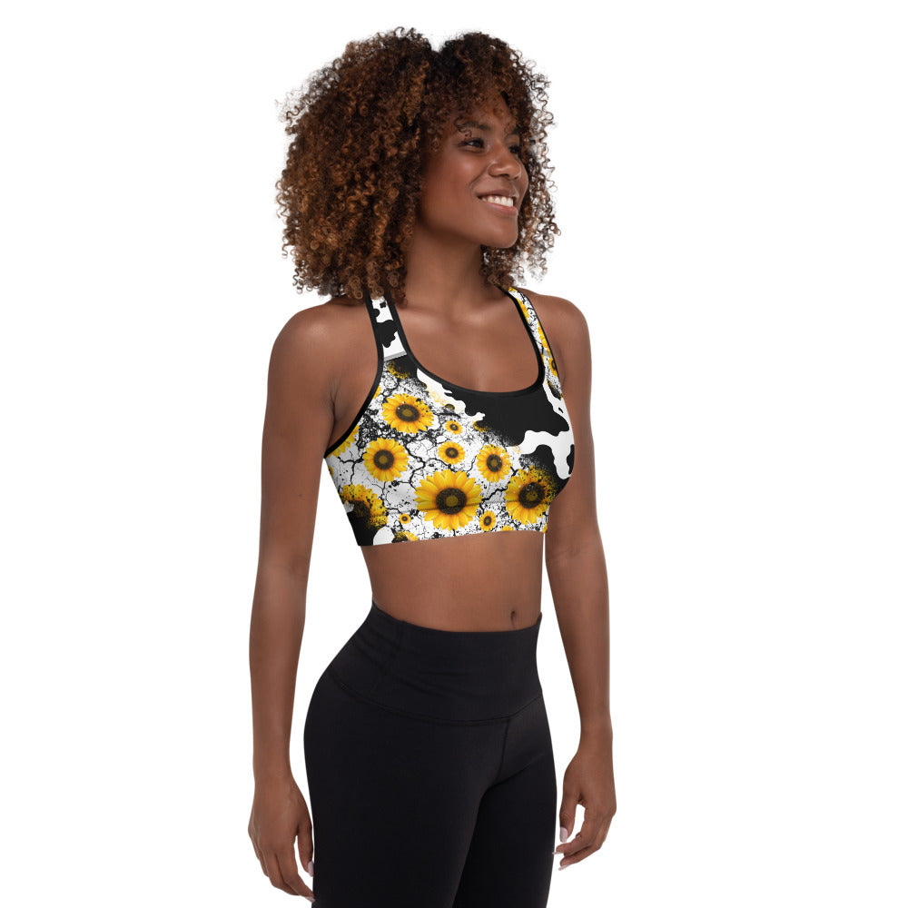 Cow Print Sunflower Sports Bra