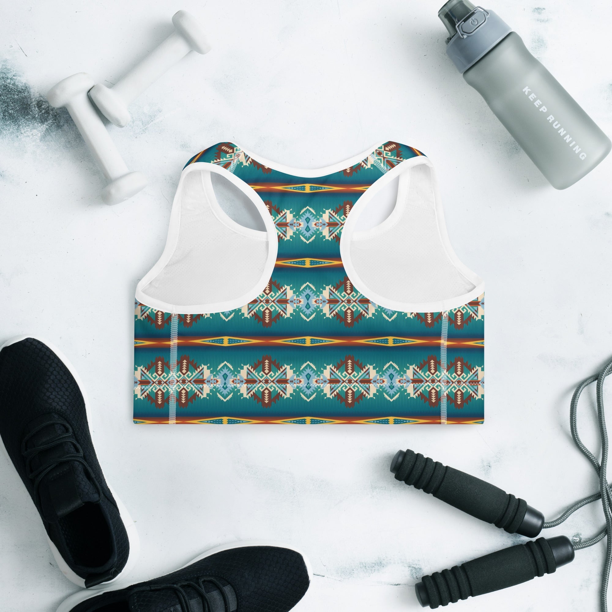 Teal Aztec Blanket Print Padded Sports Bra