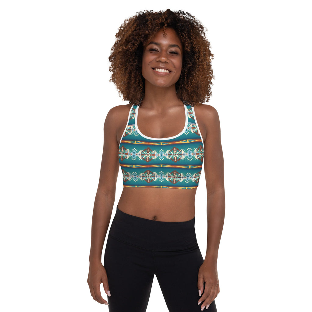 Teal Aztec Blanket Print Padded Sports Bra