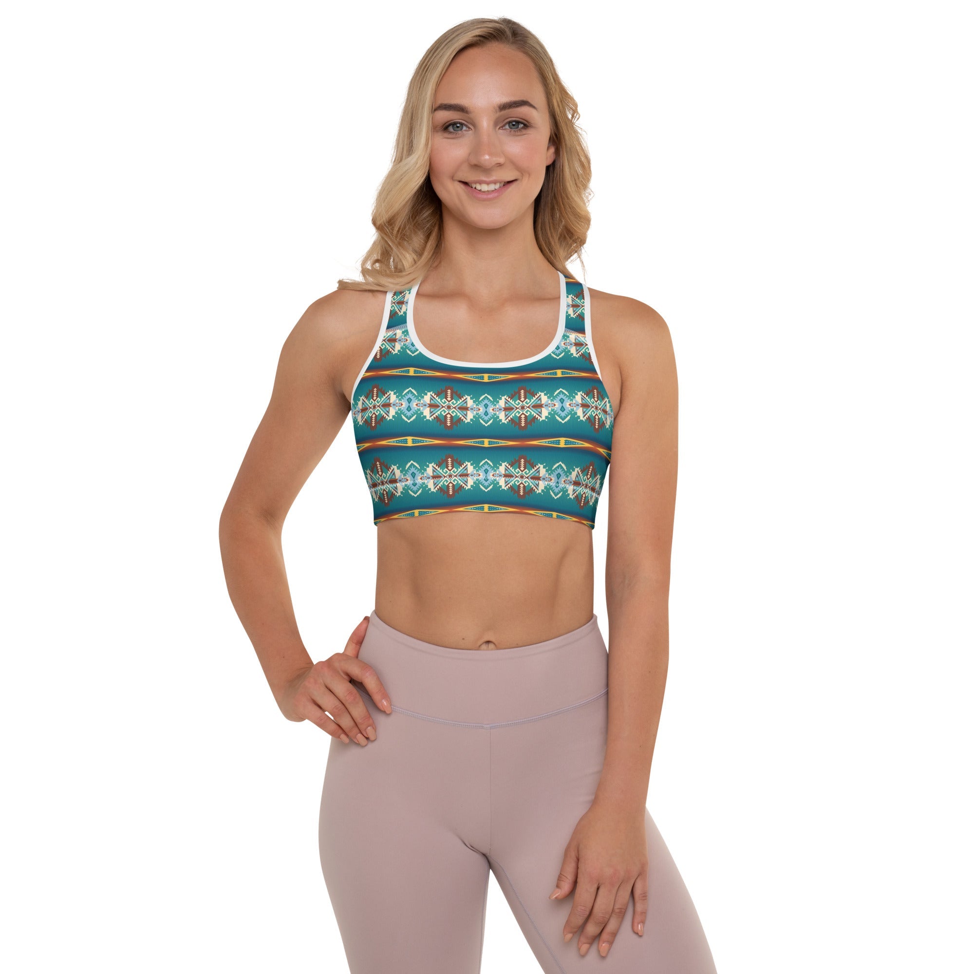 Teal Aztec Blanket Print Padded Sports Bra