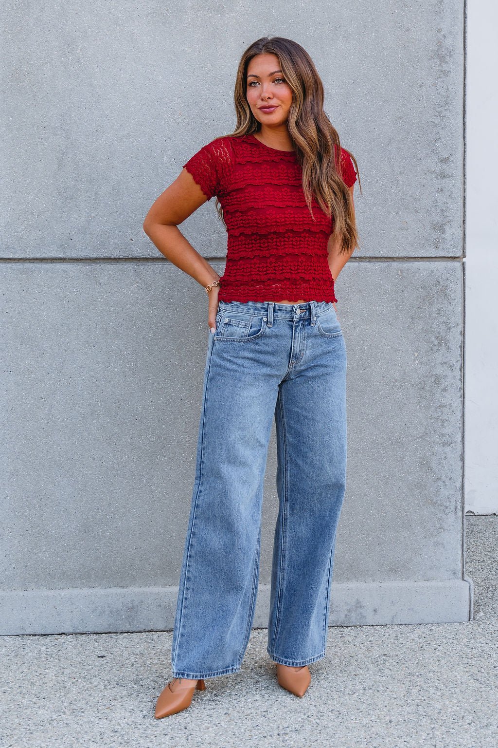 Amara Burgundy High Neck Lace Top - DOORBUSTER