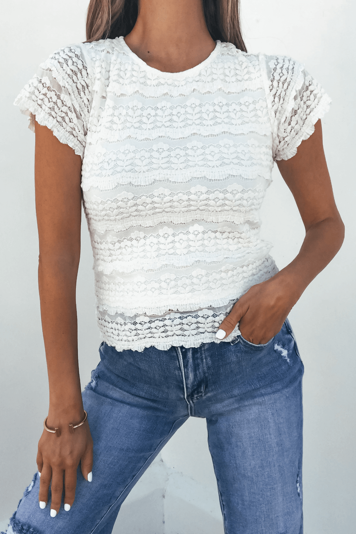 Amara Cream High Neck Lace Top - DOORBUSTER