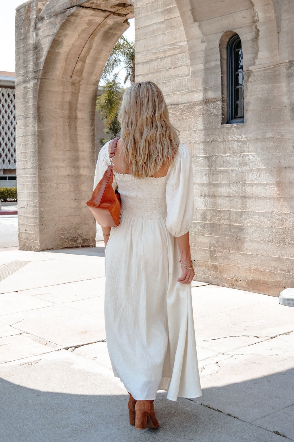 Angelica Natural Ruched Midi Dress - FINAL SALE