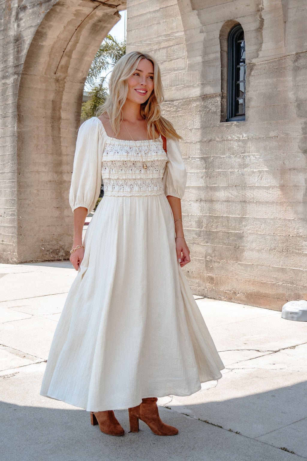 Angelica Natural Ruched Midi Dress - FINAL SALE