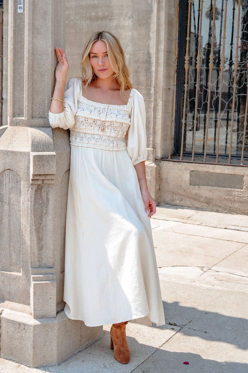 Angelica Natural Ruched Midi Dress - FINAL SALE