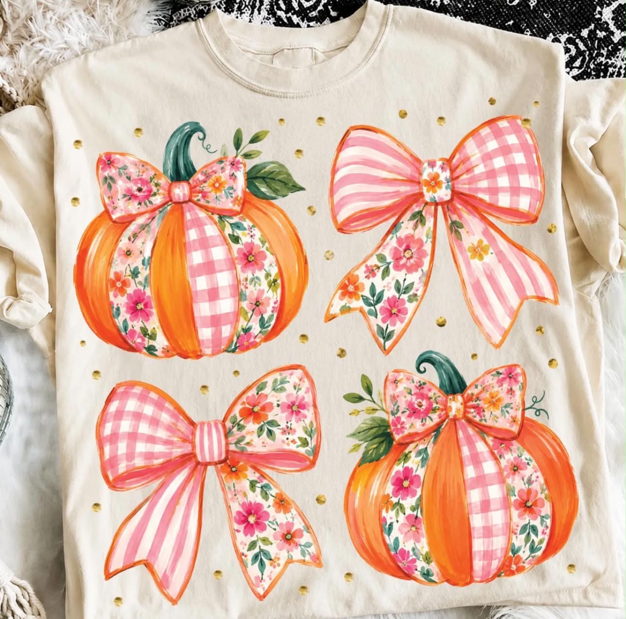 Floral Pumpkin Bow Graphic Tee | Pink Gingham Fall Shirt | Girly Pumpkin T-Shirt