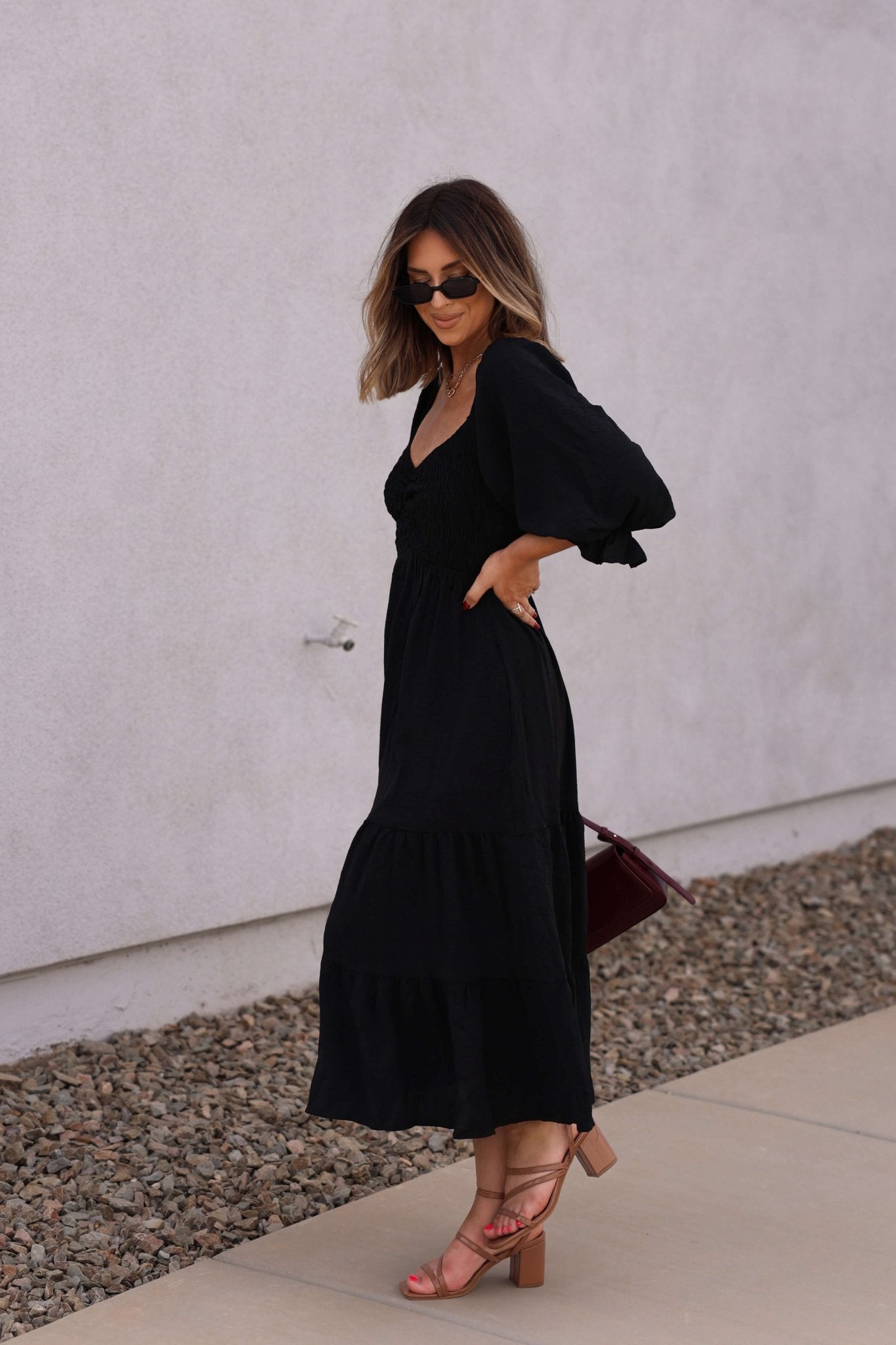 Autumn Nights Black Tiered Midi Dress