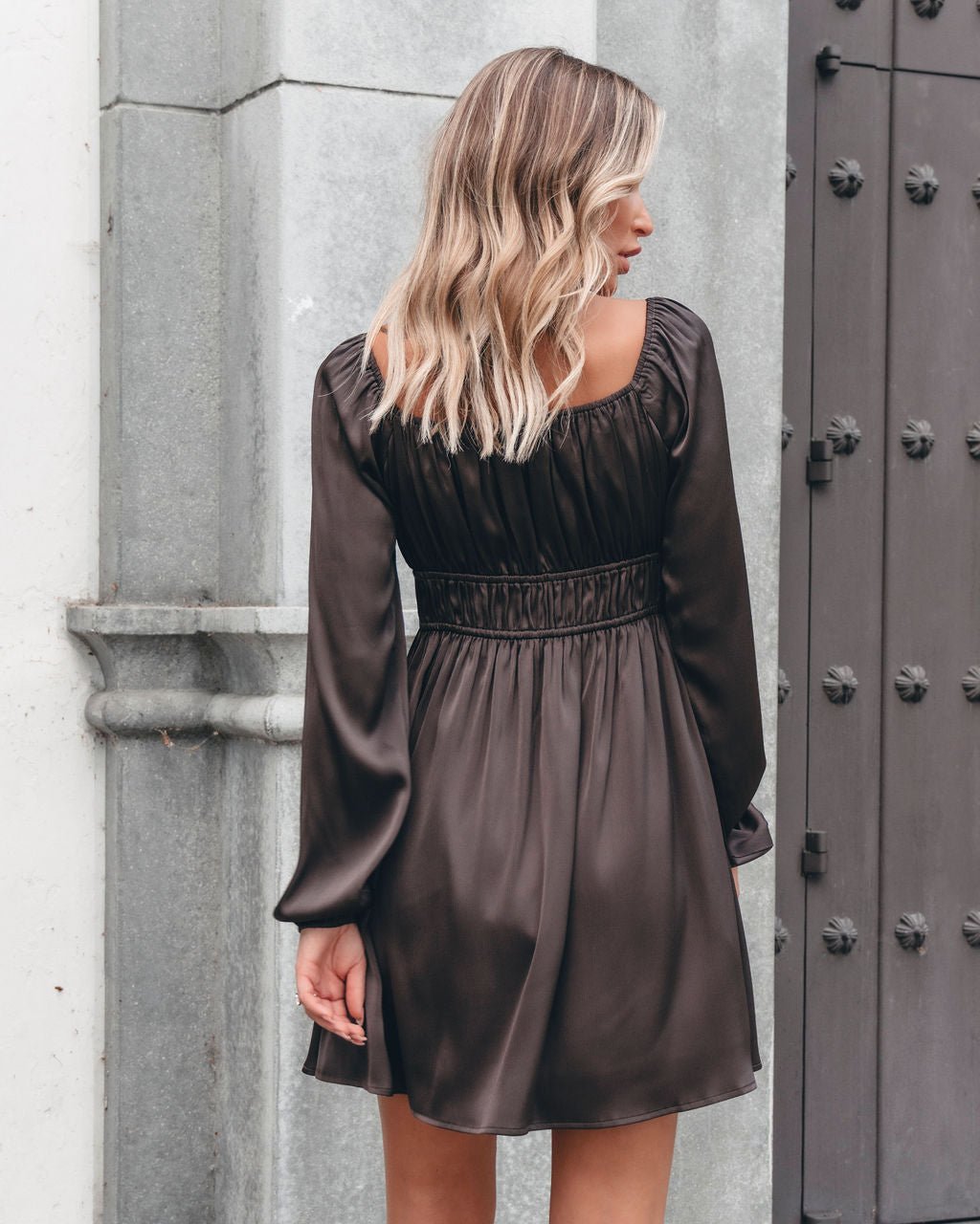 Autumn Soiree V Neck Mini Dress - Dark Brown