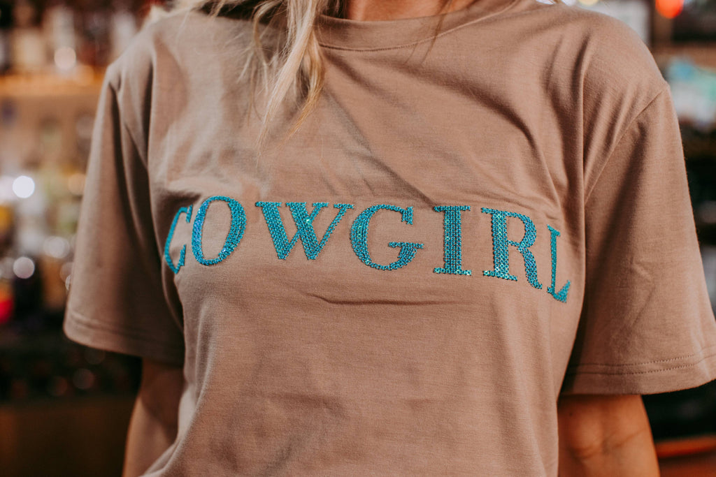 Cowgirl Sequin Embroidered Tee - Tan