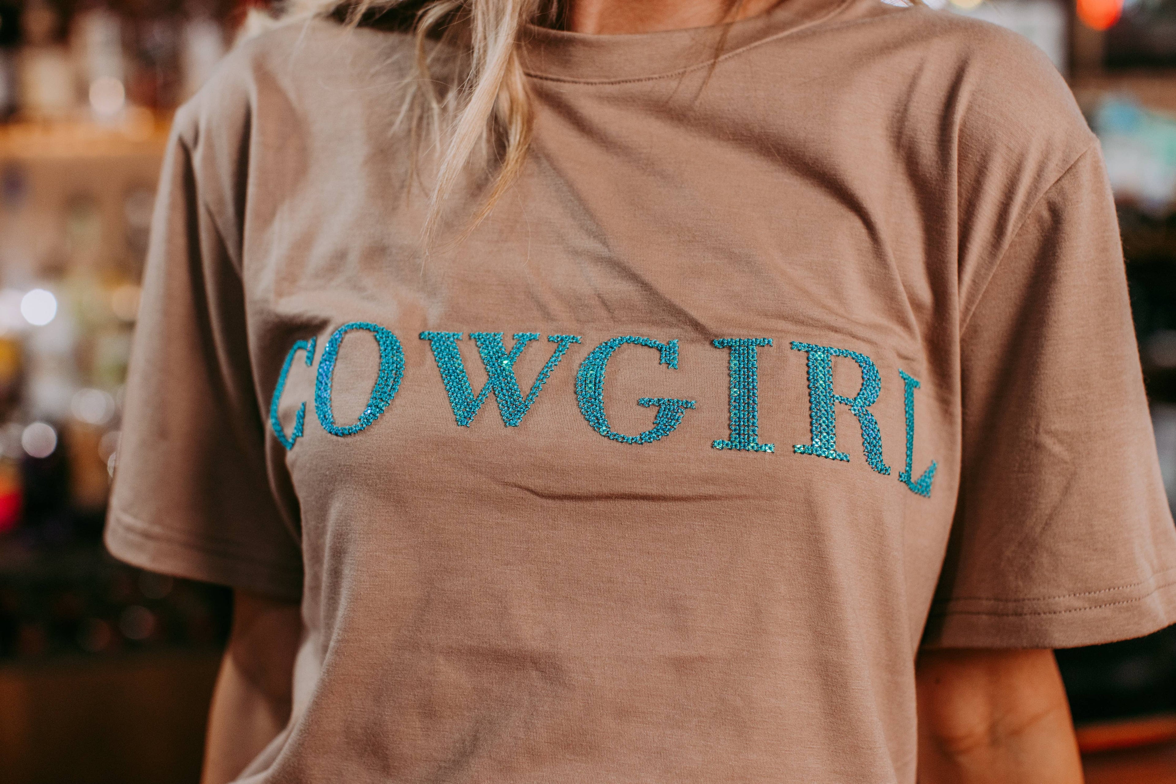 Cowgirl Sequin Embroidered Tee - Tan