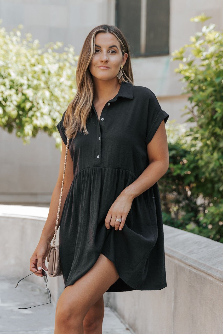 Back To Summer Black Button Up Mini Dress - DOORBUSTER
