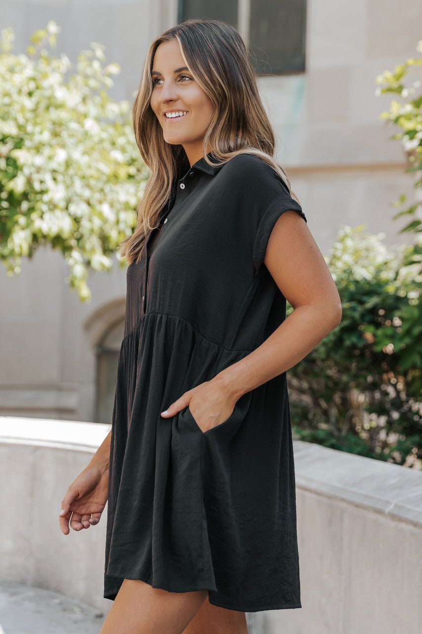 Back To Summer Black Button Up Mini Dress - DOORBUSTER