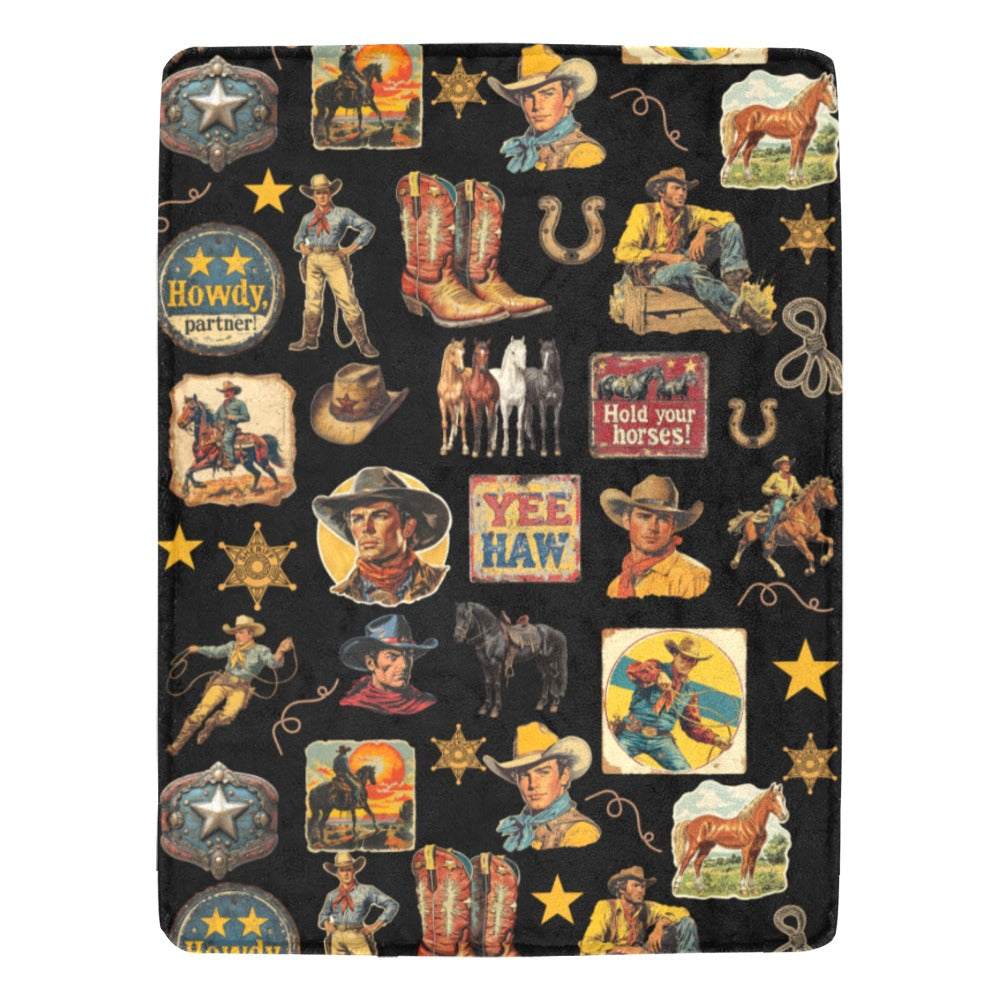 Vintage Cowboy Collage Western Micro Fleece Blanket 60" x 80" Made of America