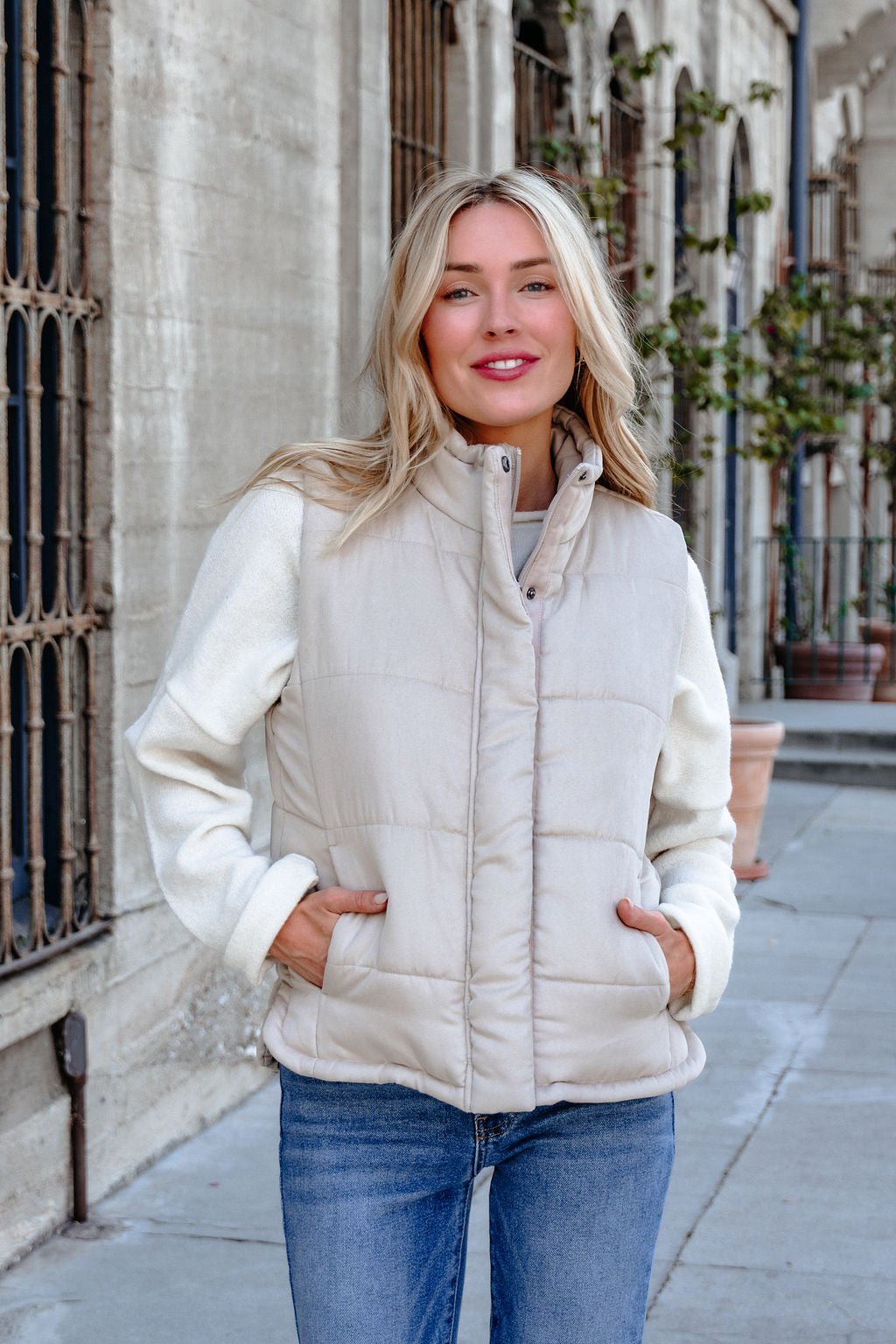 Beige Button Up Puffer Vest