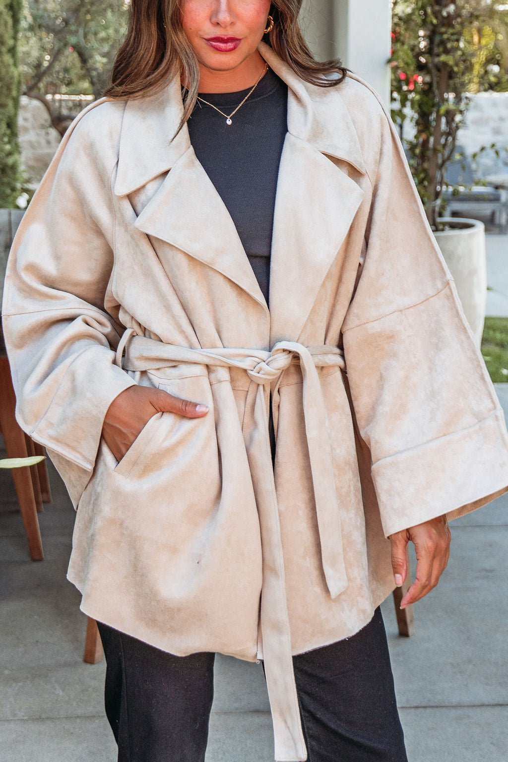 Beige Faux Suede Belted Coat - FINAL SALE