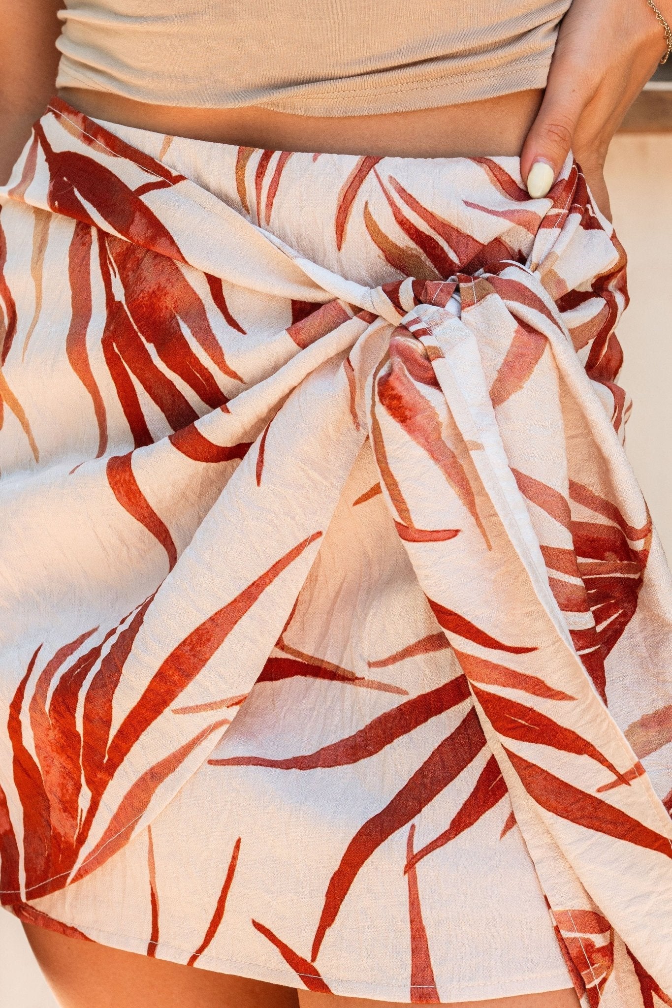 Beige Tropical Floral Print Wrap Tie Mini Skirt - DOORBUSTER