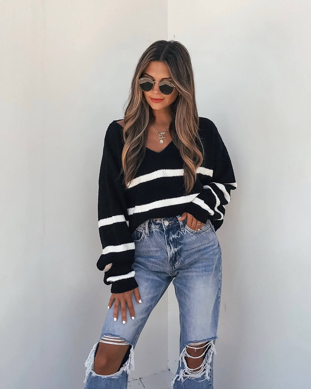 Black and White Striped V Neck Sweater - DOORBUSTER