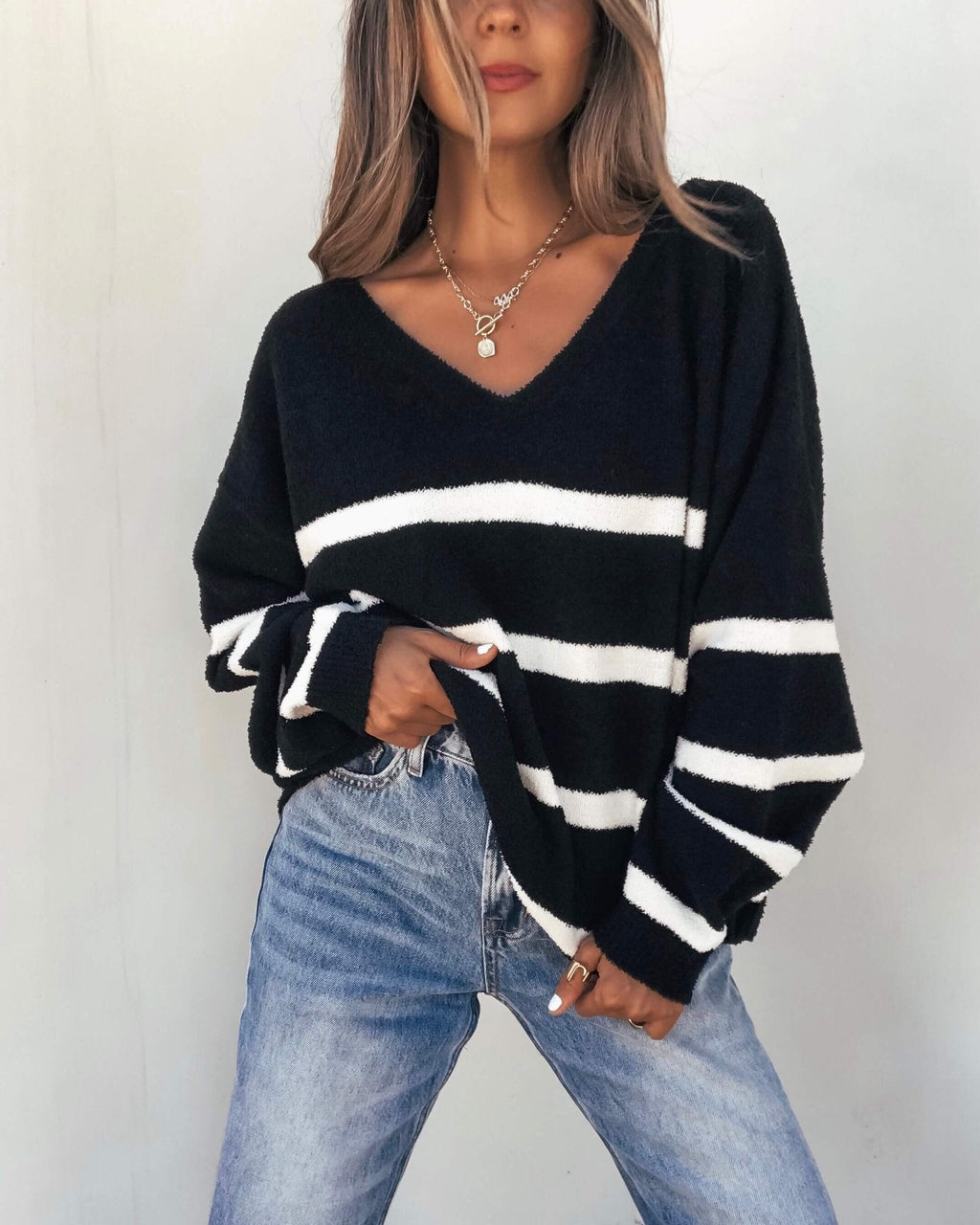 Black and White Striped V Neck Sweater - DOORBUSTER