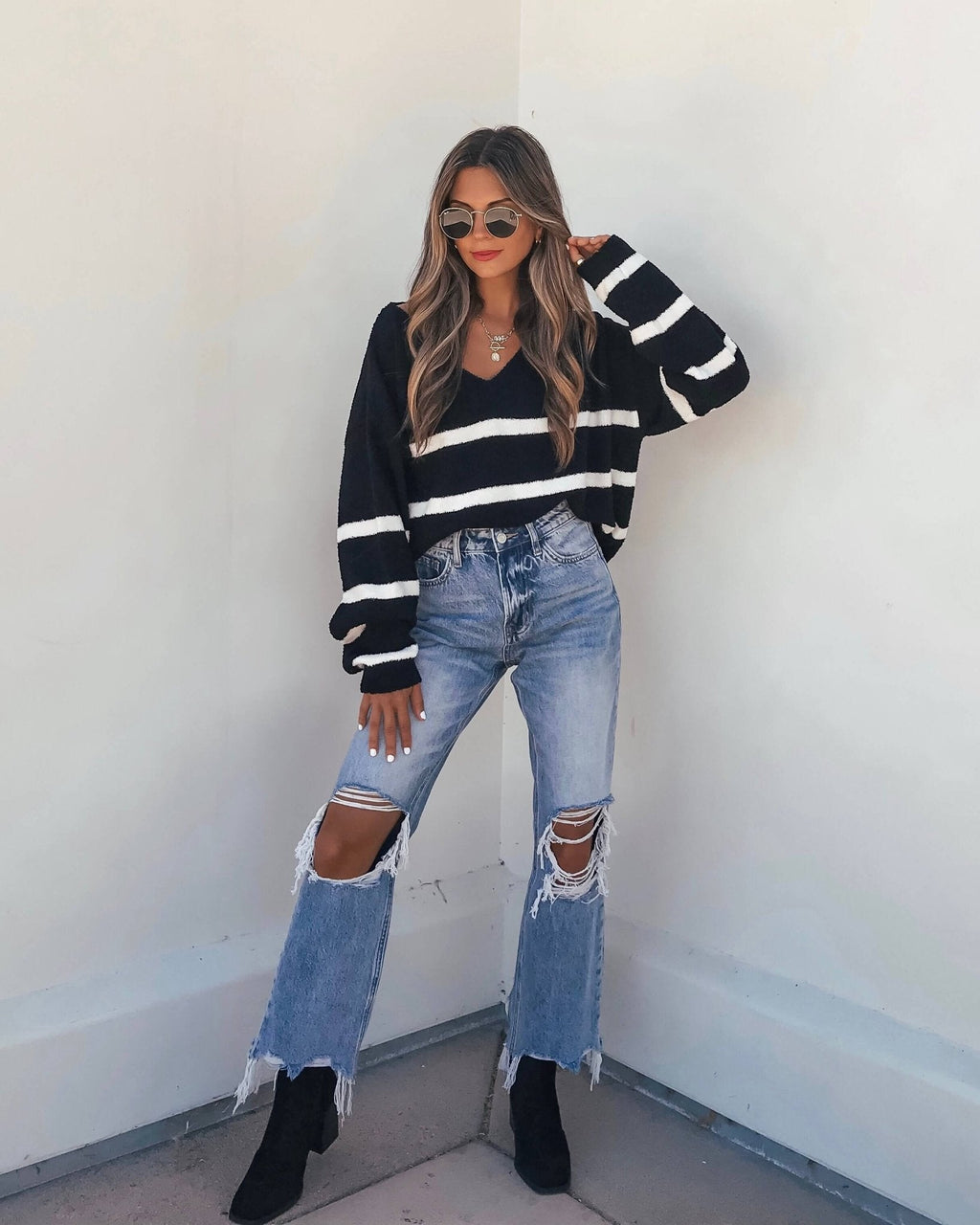 Black and White Striped V Neck Sweater - DOORBUSTER