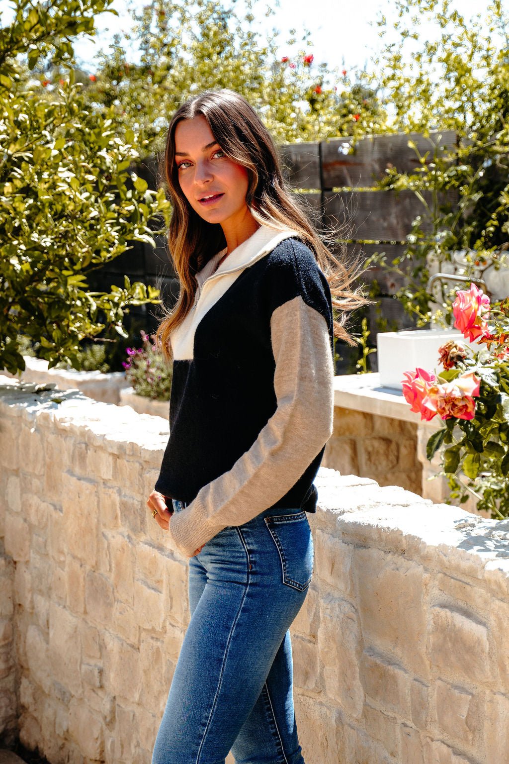 Black Color Block Half Zip Sweater - DOORBUSTER