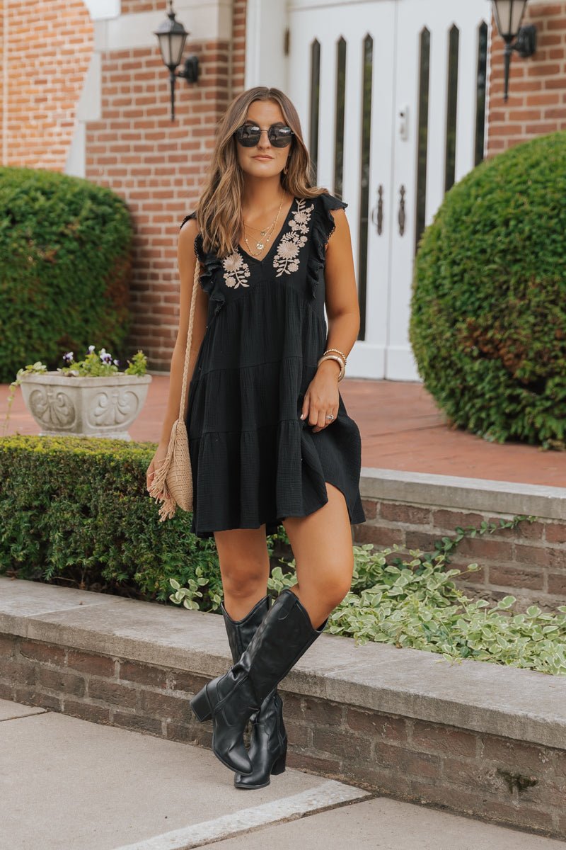 Black Embroidered Tiered Mini Dress - DOORBUSTER