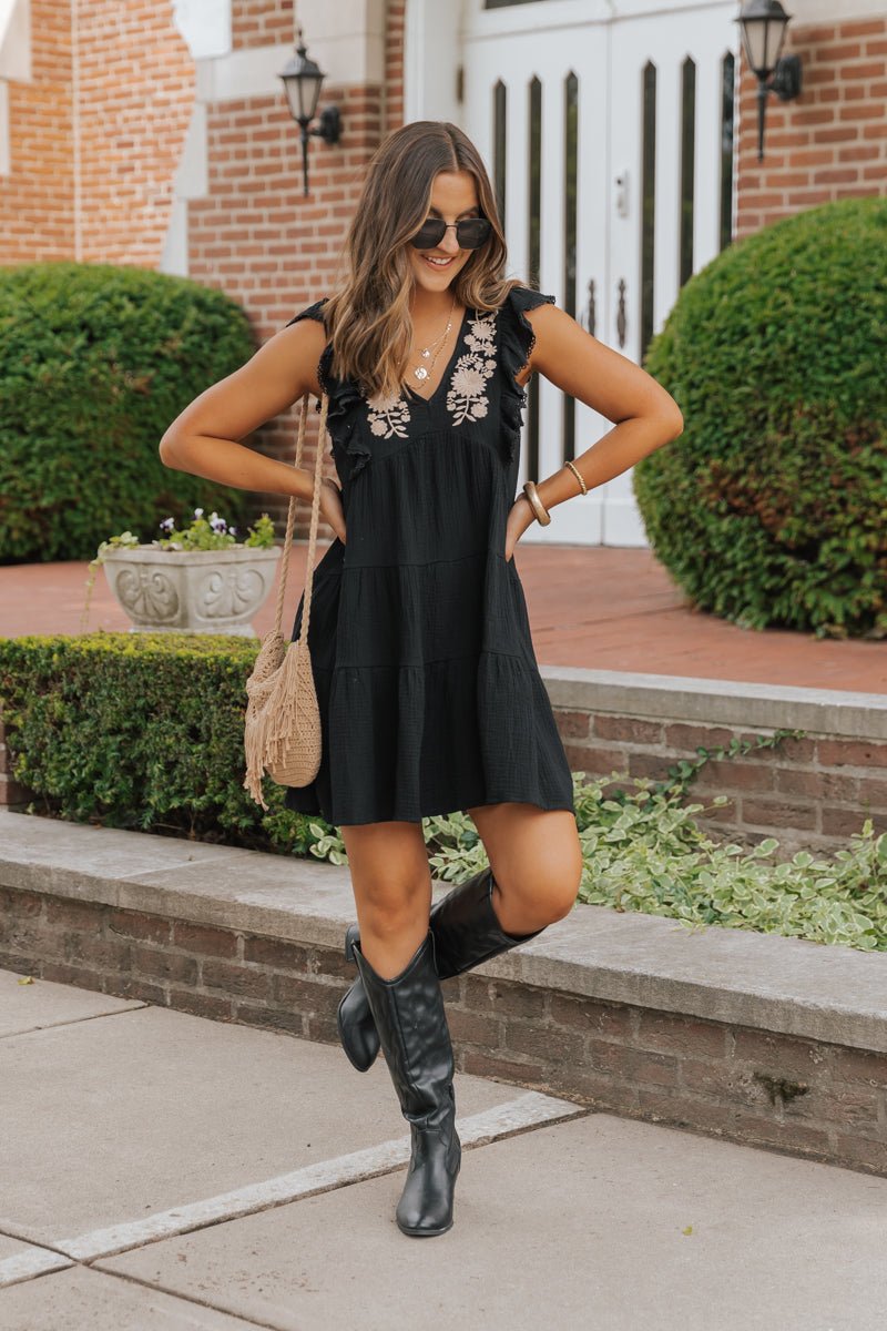 Black Embroidered Tiered Mini Dress - DOORBUSTER