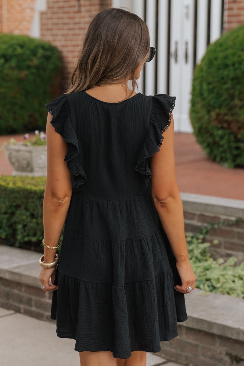 Black Embroidered Tiered Mini Dress - DOORBUSTER