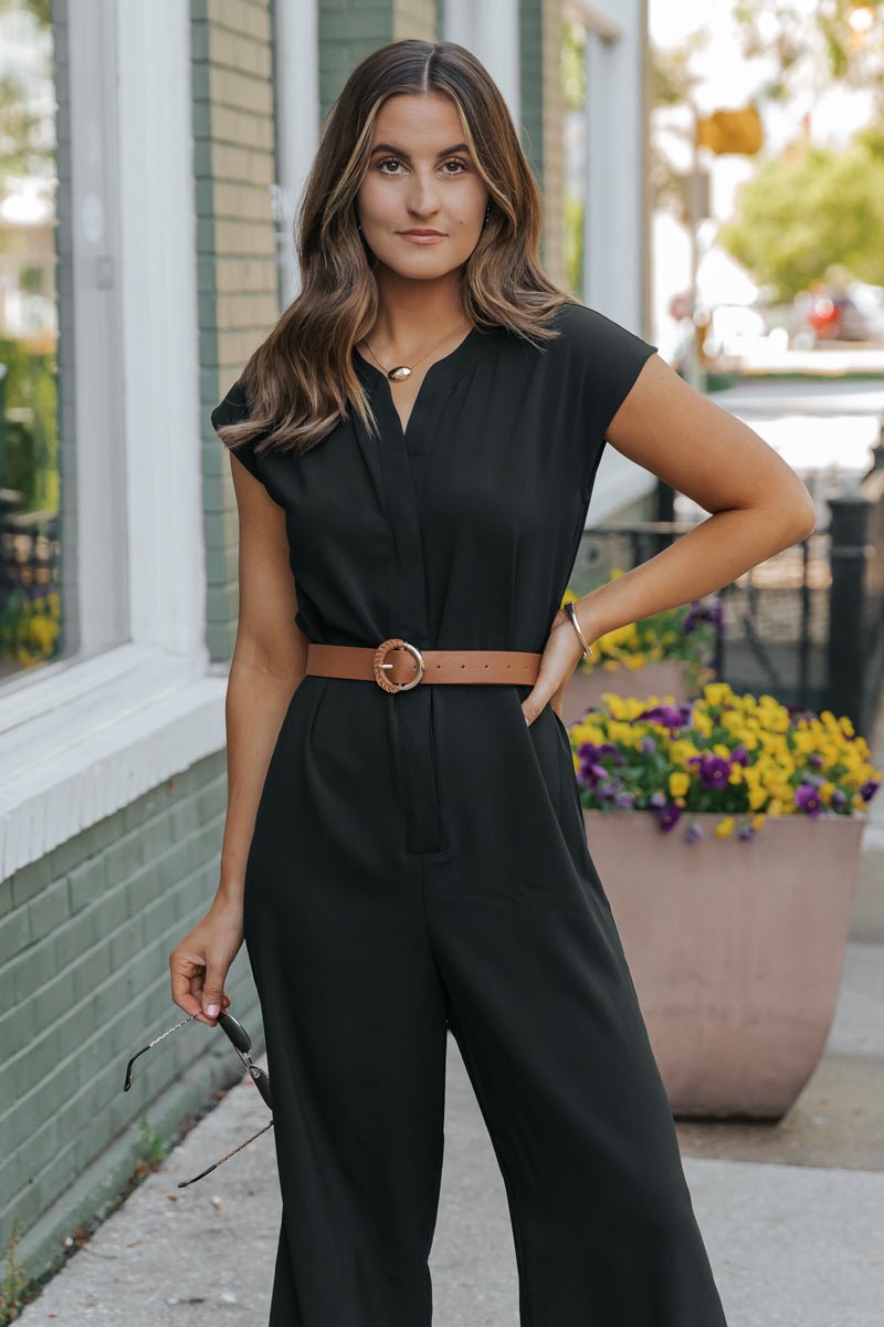 Black Short Sleeve Belted Jumpsuit - DOORBUSTER