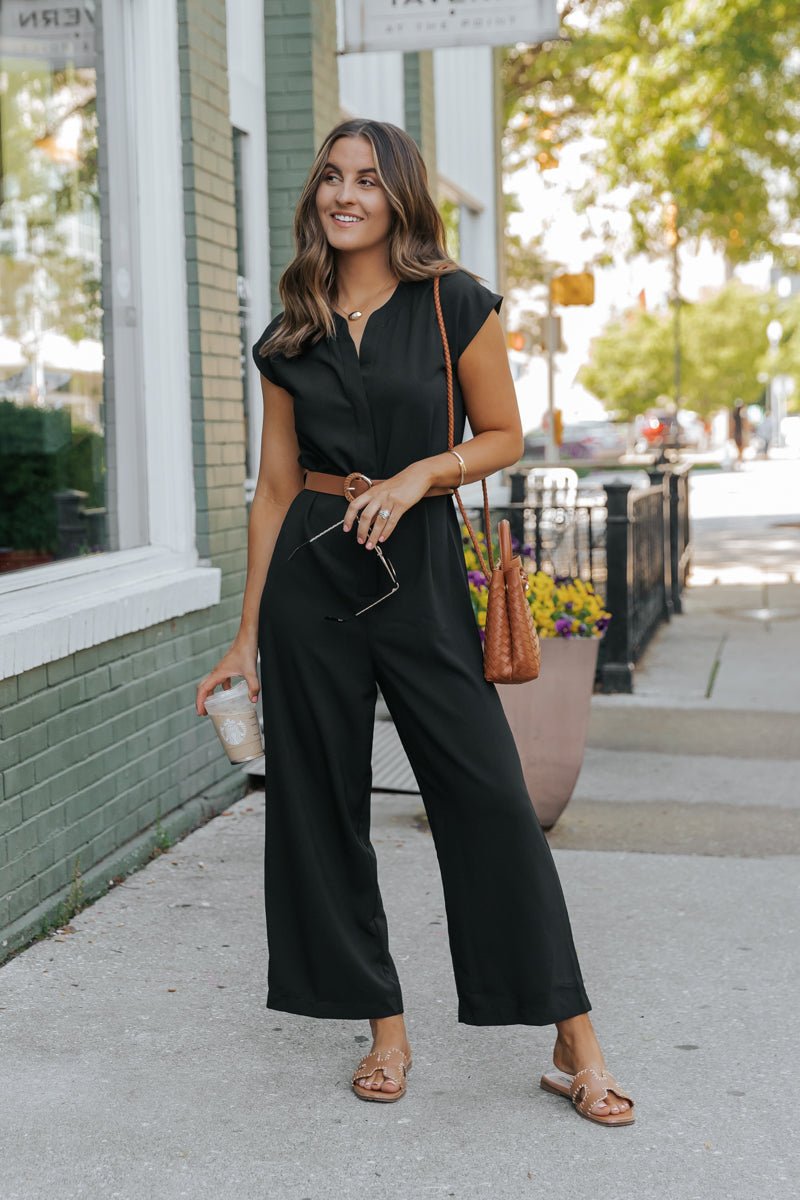 Black Short Sleeve Belted Jumpsuit - DOORBUSTER
