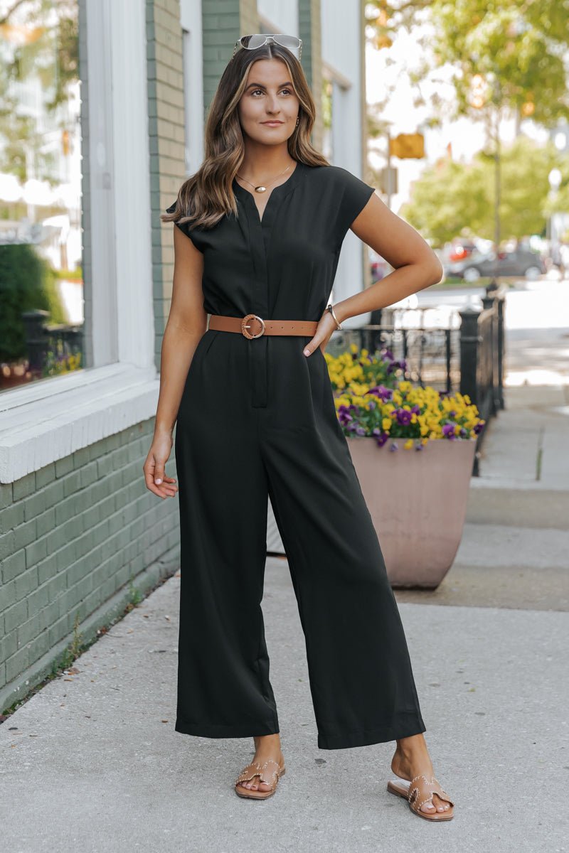 Black Short Sleeve Belted Jumpsuit - DOORBUSTER