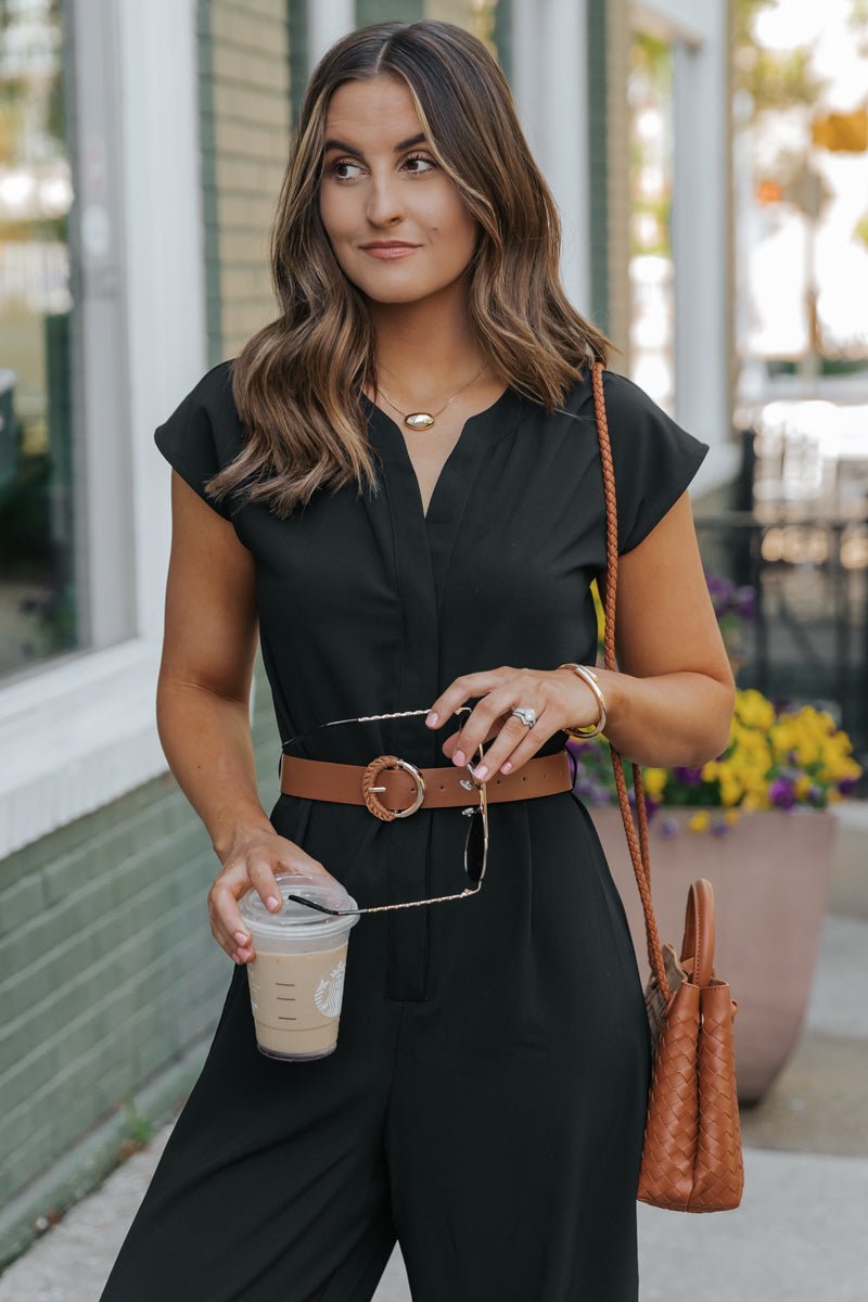 Black Short Sleeve Belted Jumpsuit - DOORBUSTER