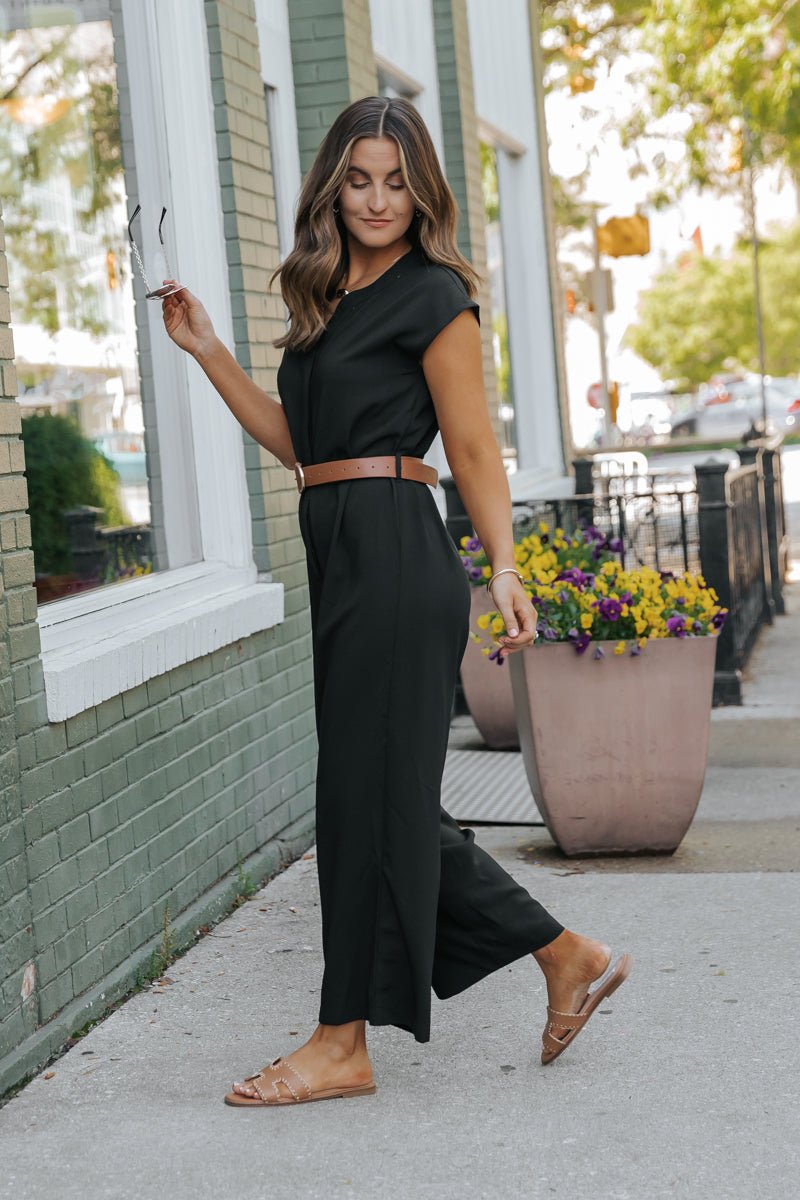 Black Short Sleeve Belted Jumpsuit - DOORBUSTER
