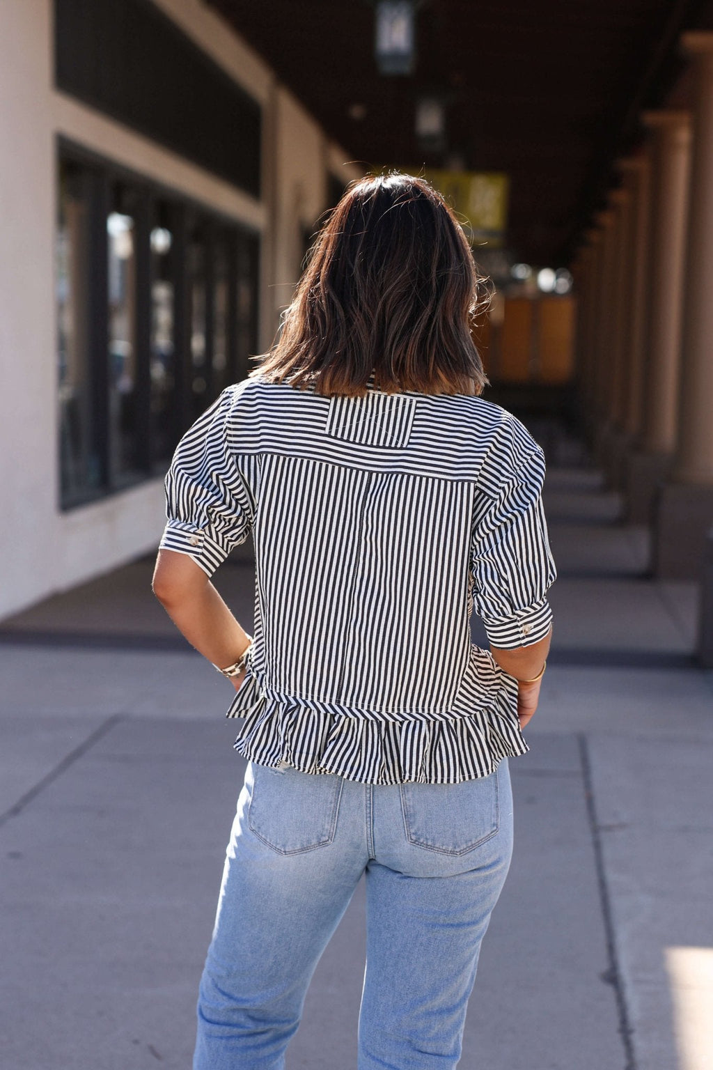 Black & White Stripe Ruffle Detail Blouse