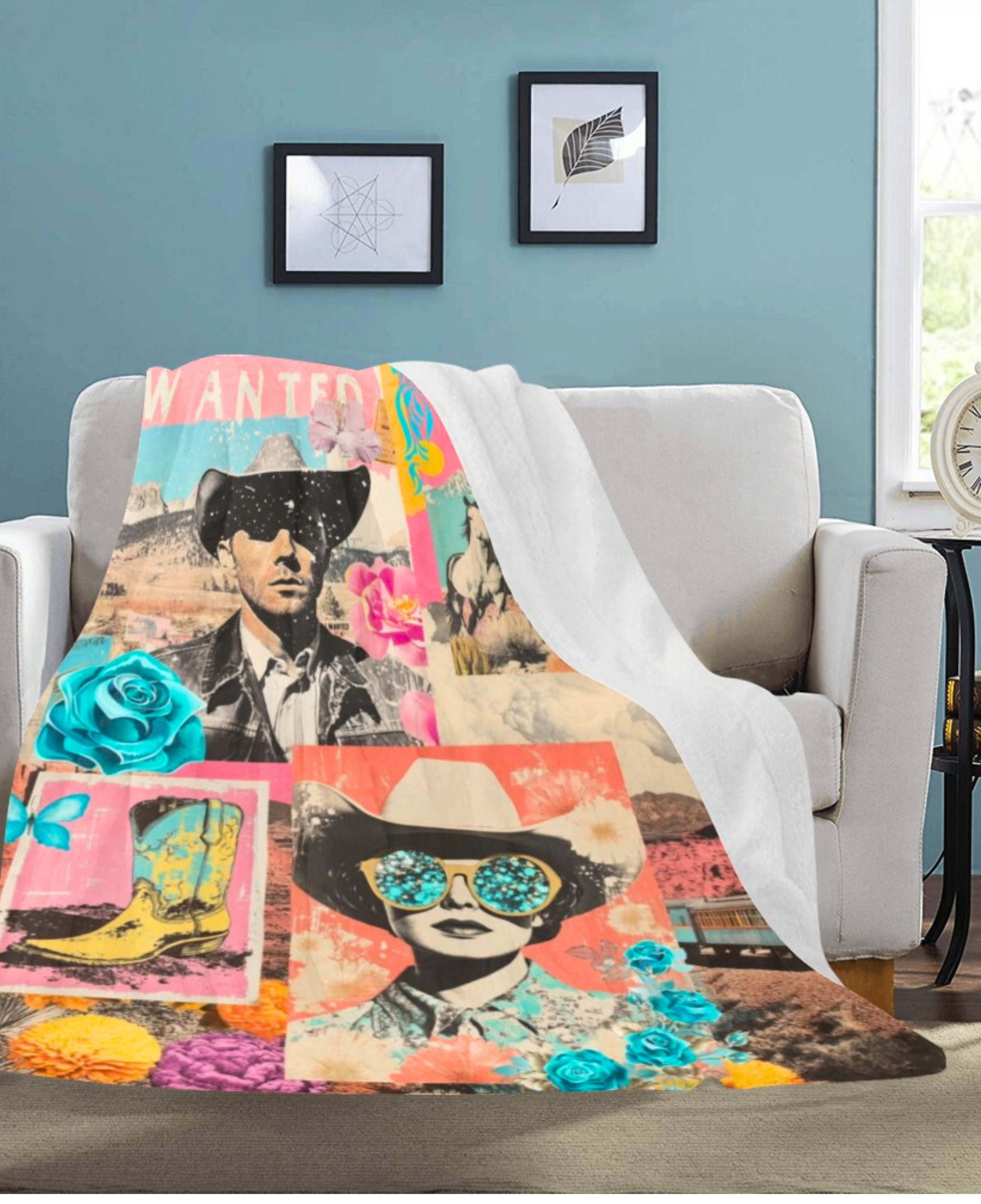 Pop Western Collage Throw Blanket Ultra-Soft Micro Fleece Blanket 60" x 80" Made in America