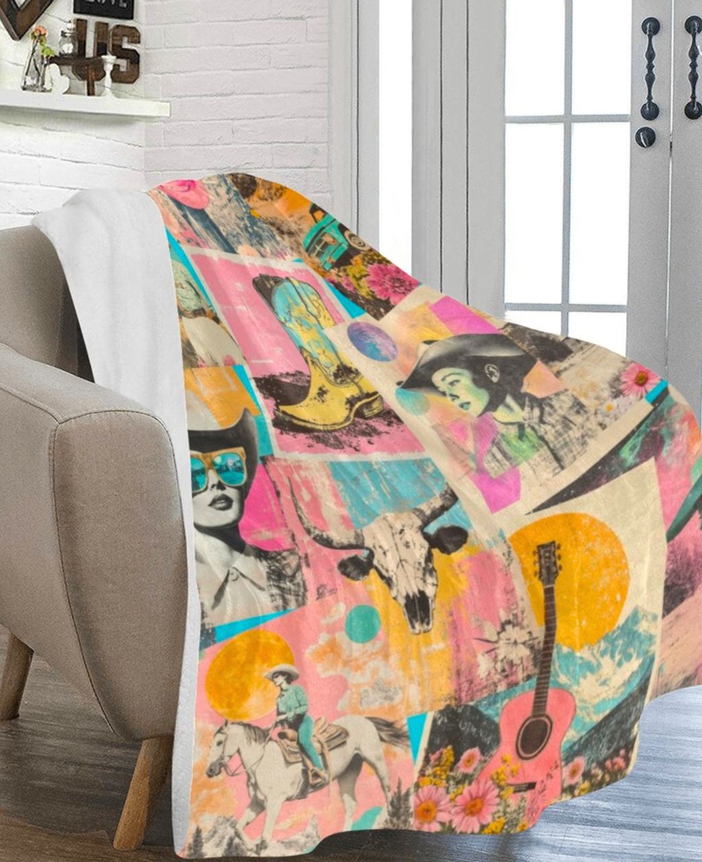 Pop Western Retro Cowgirl Collage Throw Blanket 60" x 80" Made in America