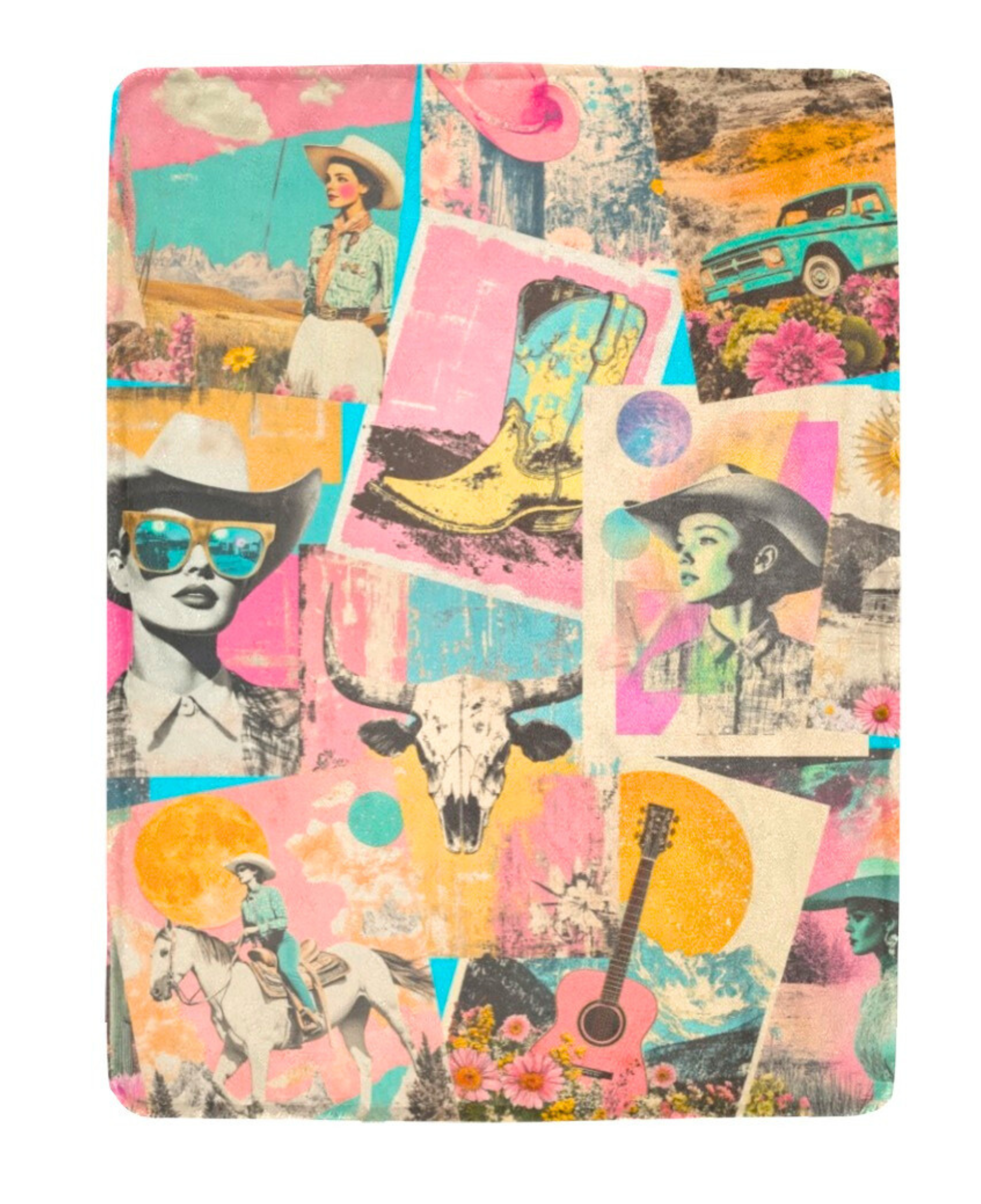 Pop Western Retro Cowgirl Collage Throw Blanket 60" x 80" Made in America