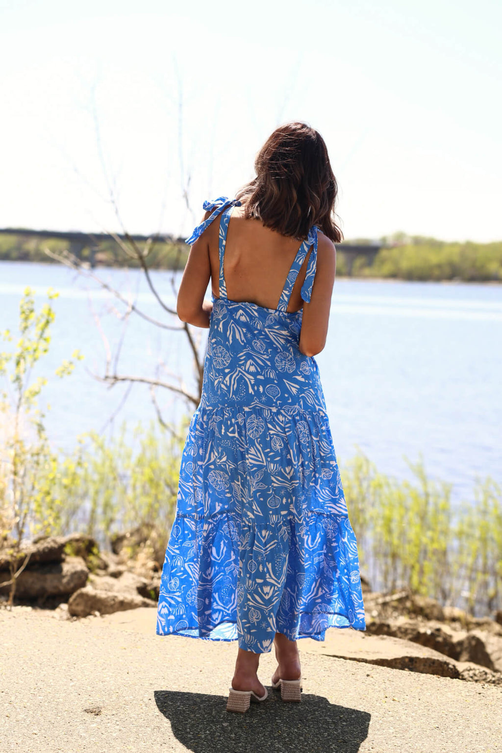 Blue and White Print Tiered Maxi Dress - DOORBUSTER