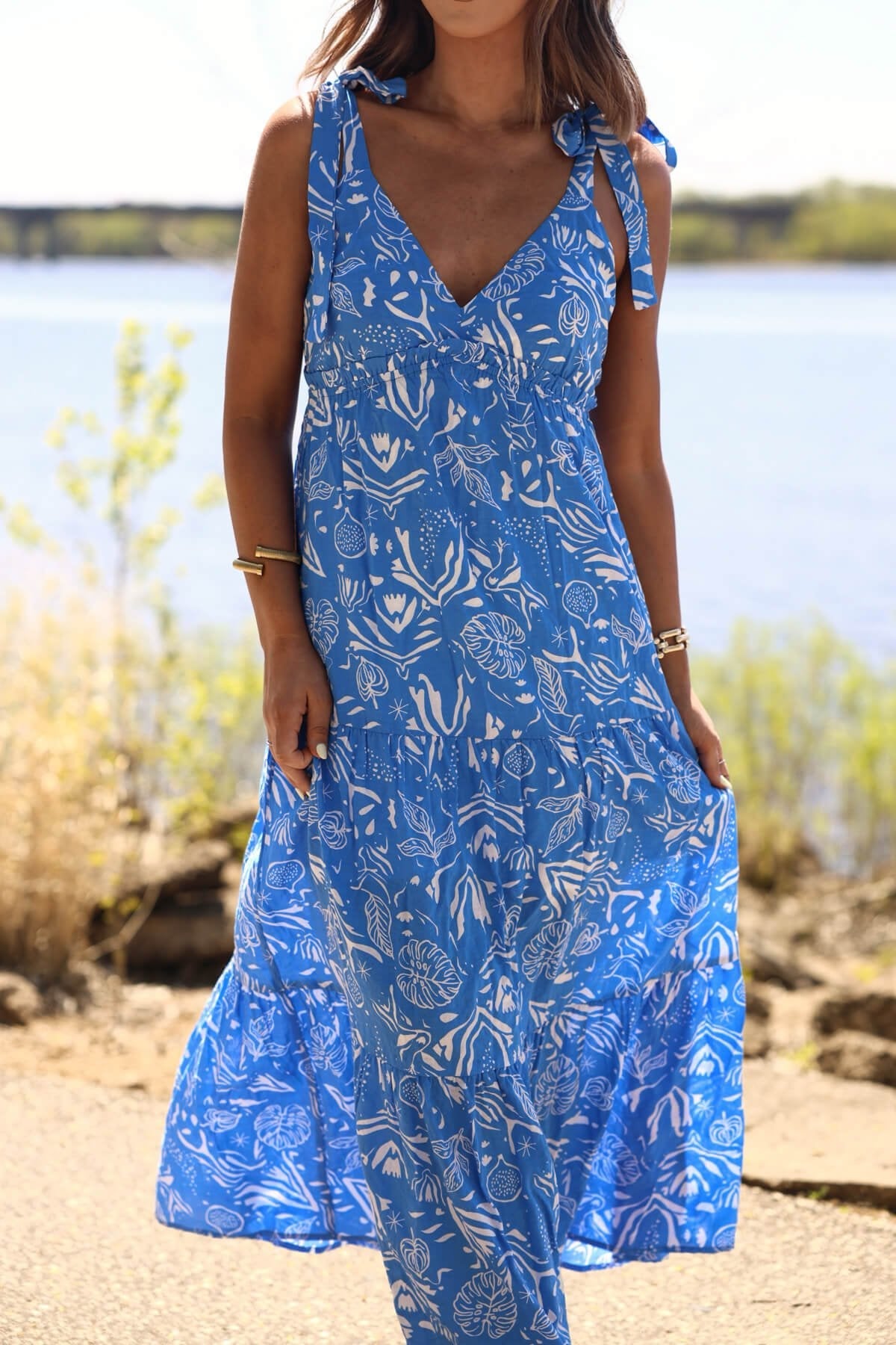 Blue and White Print Tiered Maxi Dress - DOORBUSTER