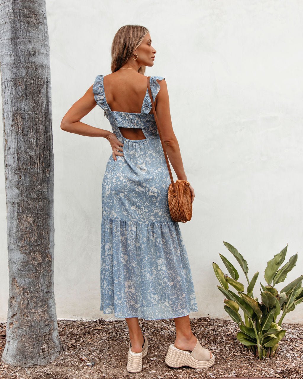 Blue Floral Print Chiffon Midi Dress - DOORBUSTER