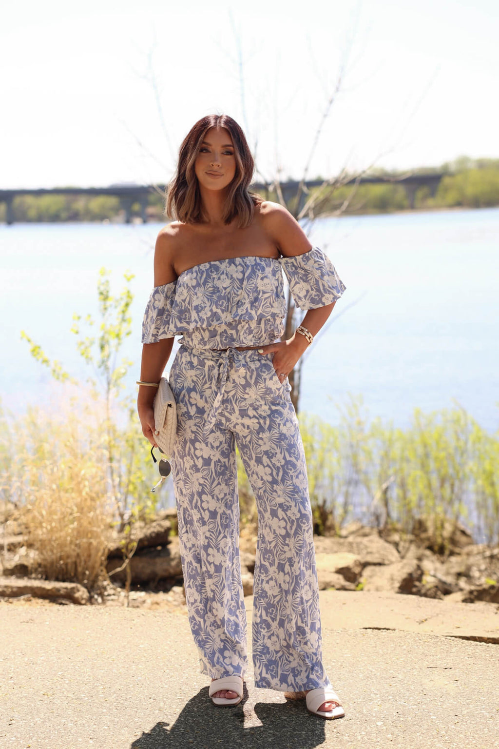 Blue Floral Print Linen Pants - DOORBUSTER